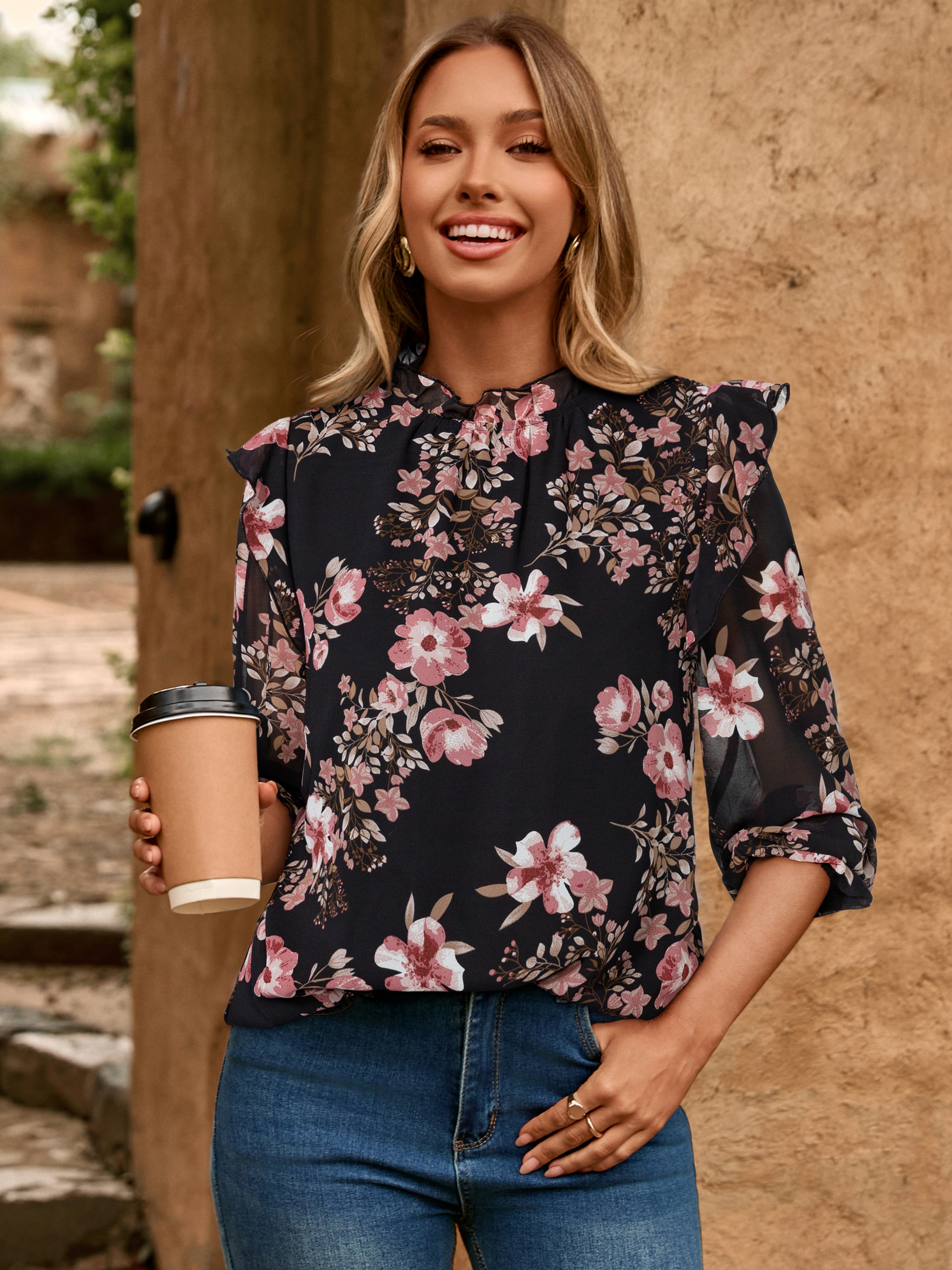 Boho Floral Ruffle Long Sleeve Blouse