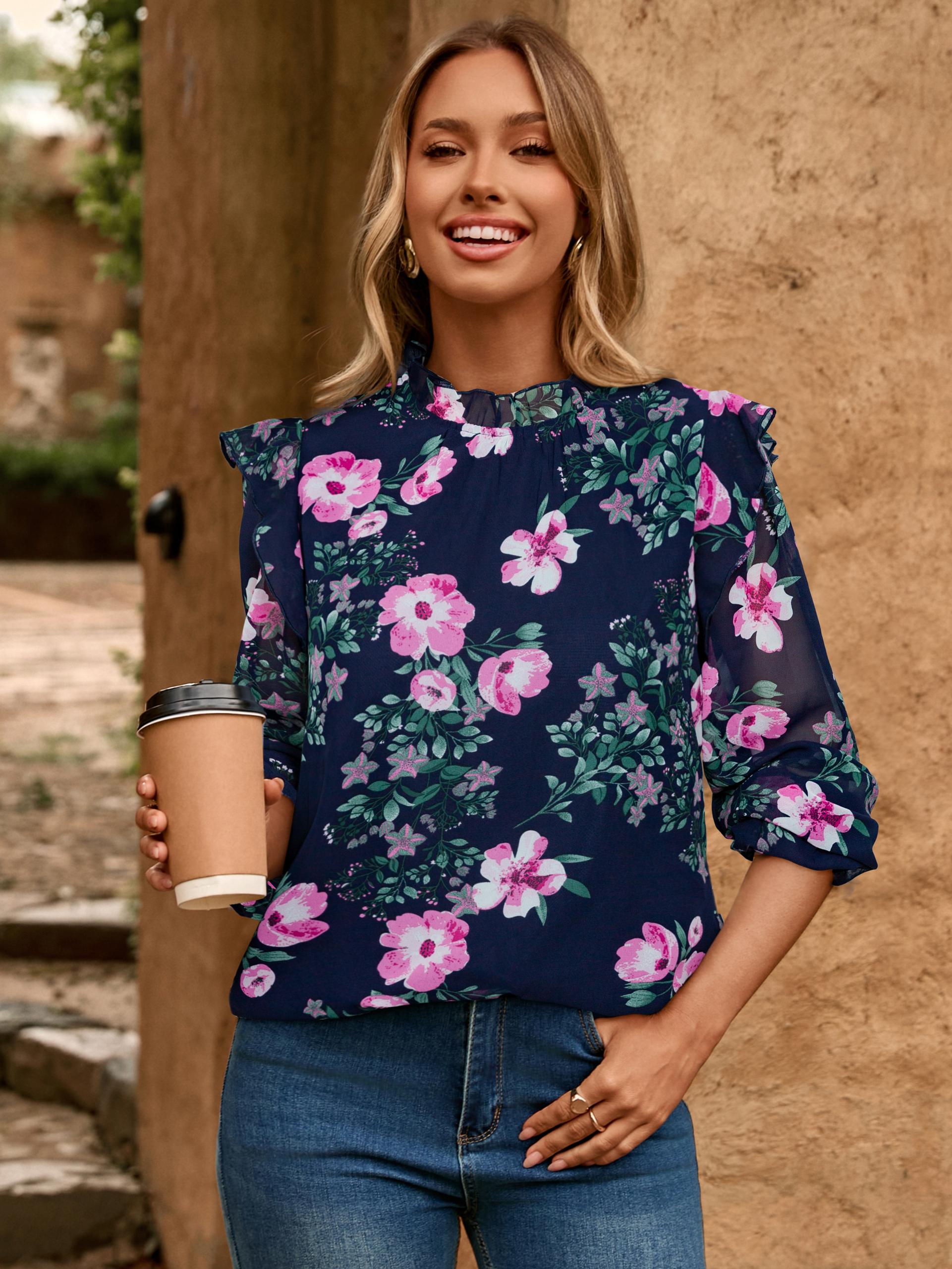 Boho Floral Ruffle Long Sleeve Blouse