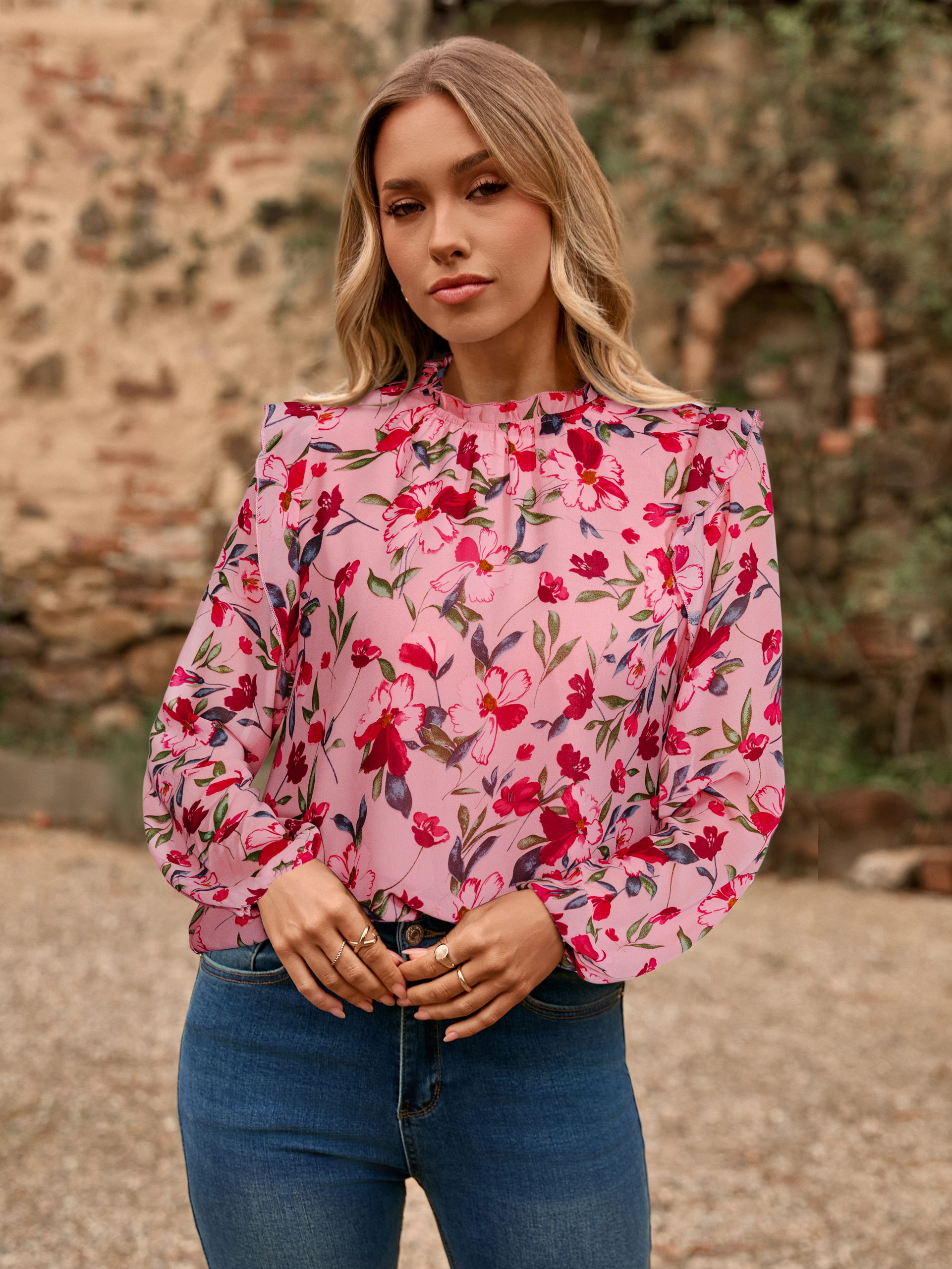 Boho Floral Ruffle Long Sleeve Blouse
