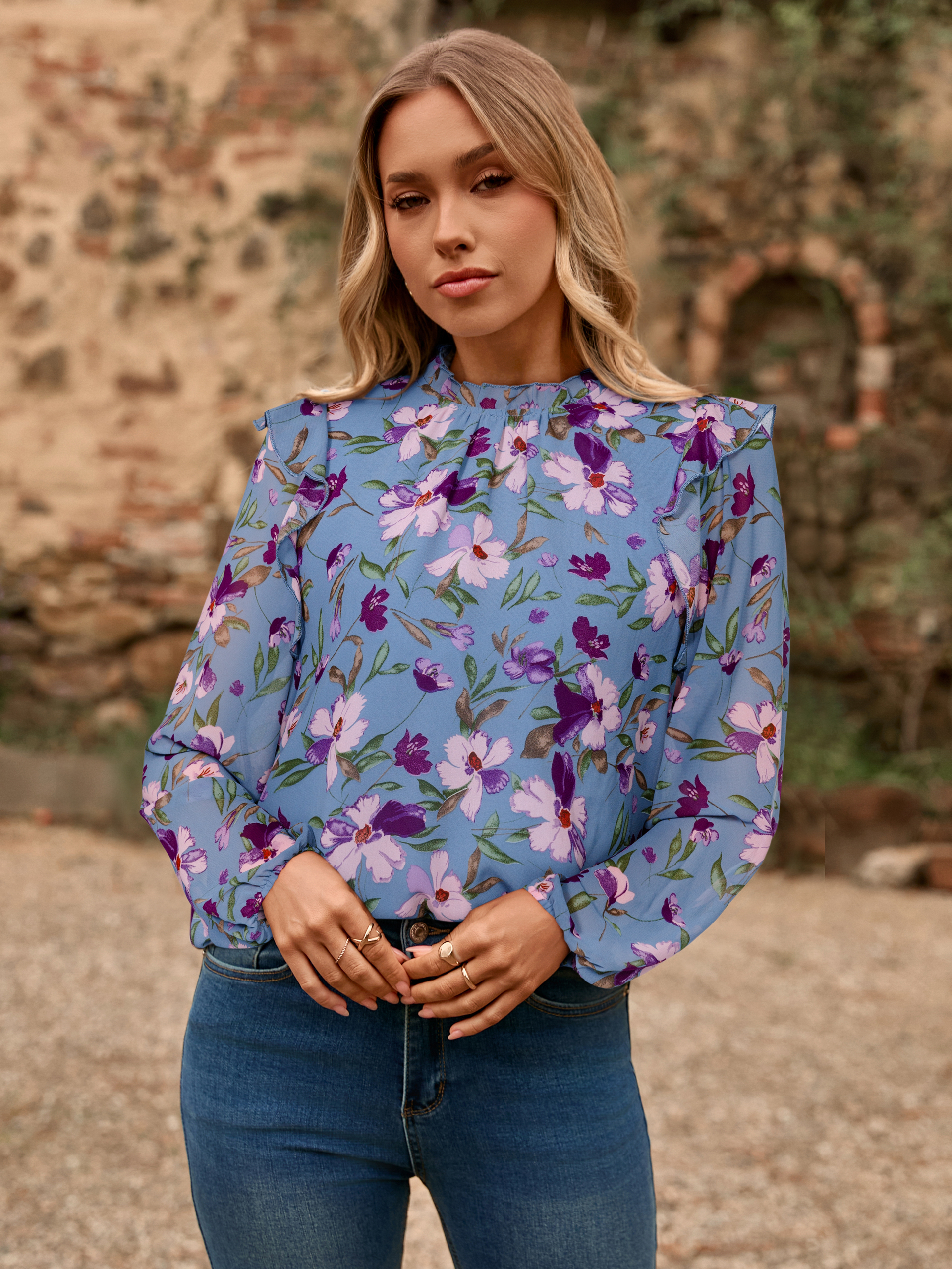 Boho Floral Ruffle Long Sleeve Blouse