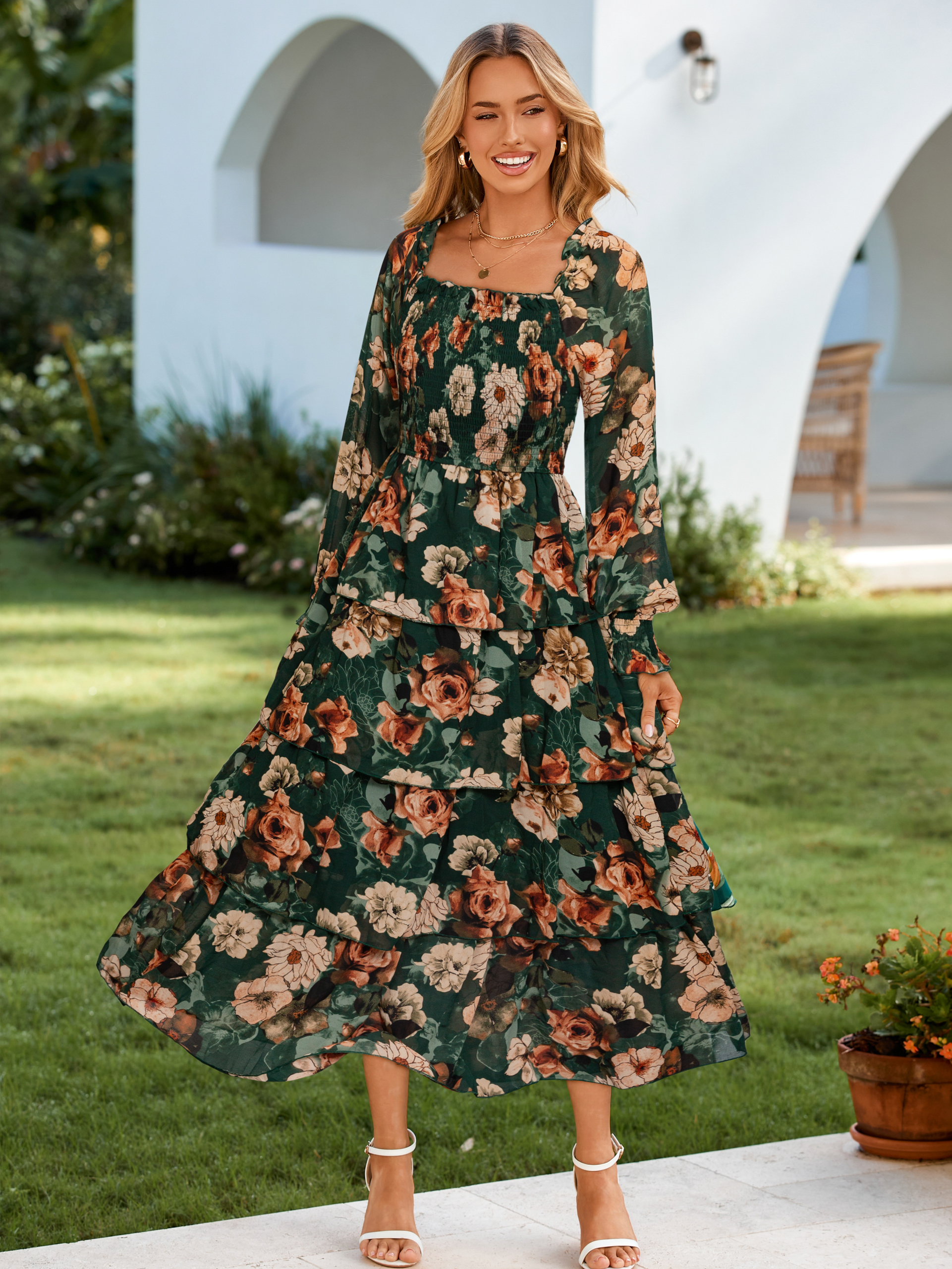 Floral Chiffon Tiered Smocked Wedding Guest Dress