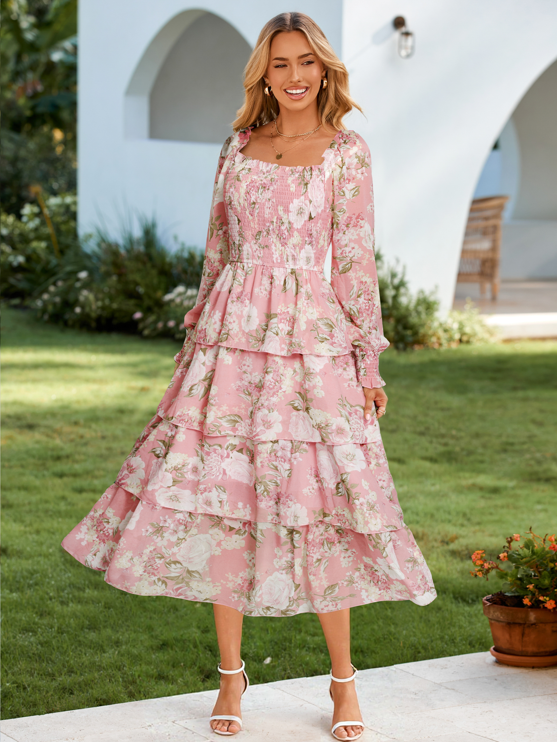 Floral Chiffon Tiered Smocked Wedding Guest Dress