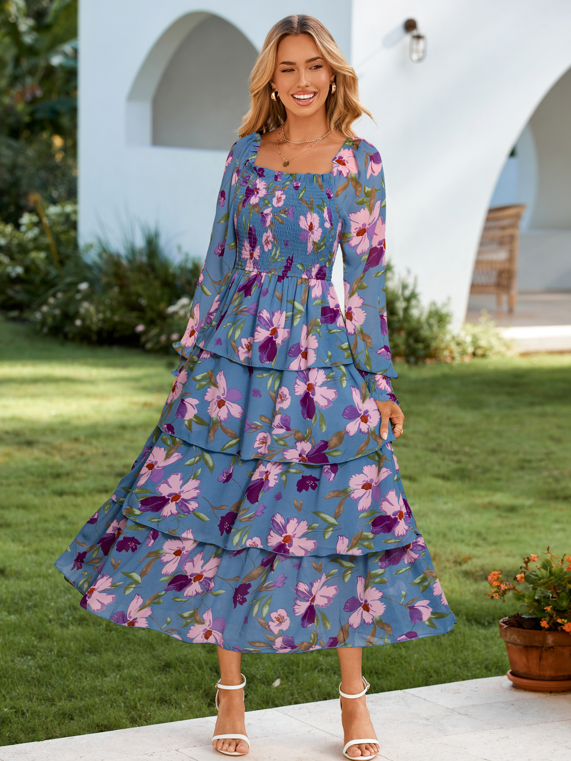 Floral Chiffon Tiered Smocked Wedding Guest Dress