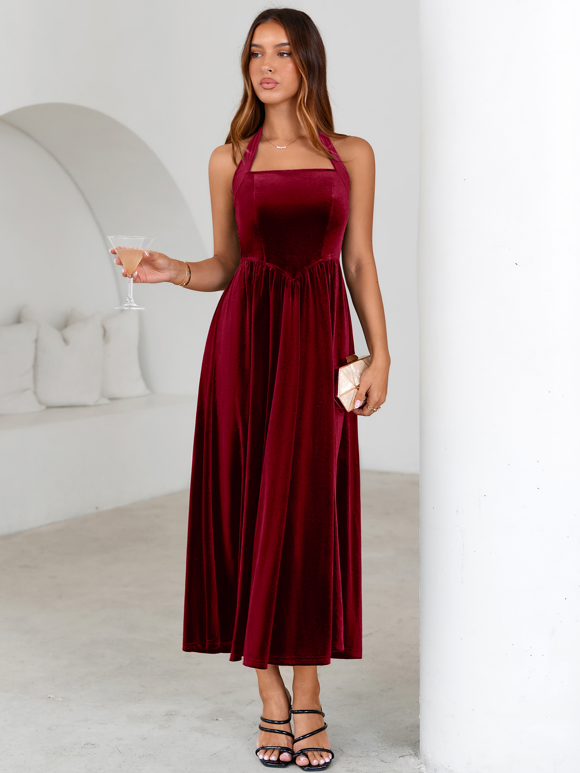 Halter Neck Velvet Backless Party Maxi Dress - Burgundy