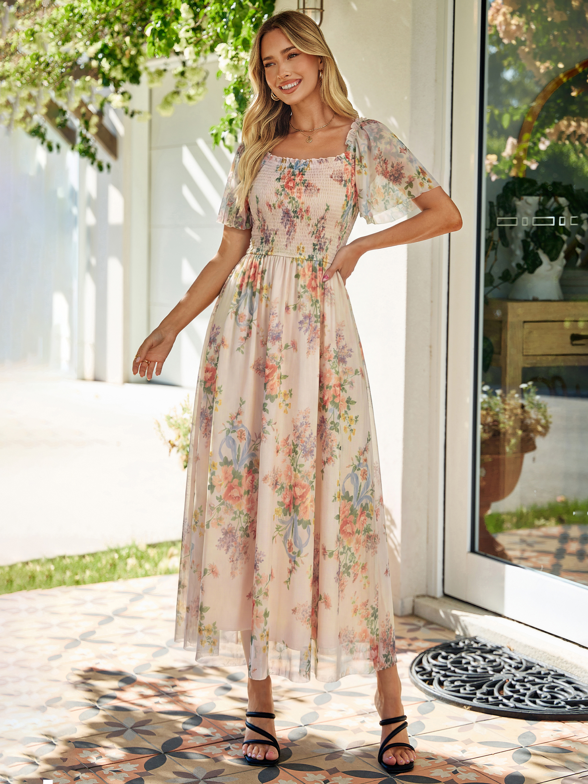 Floral Square Neck Smocked Flutter Sleeve Maxi Dress