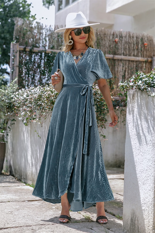 Velvet V-Neck Short Sleeve Belted Wrap Maxi Dress