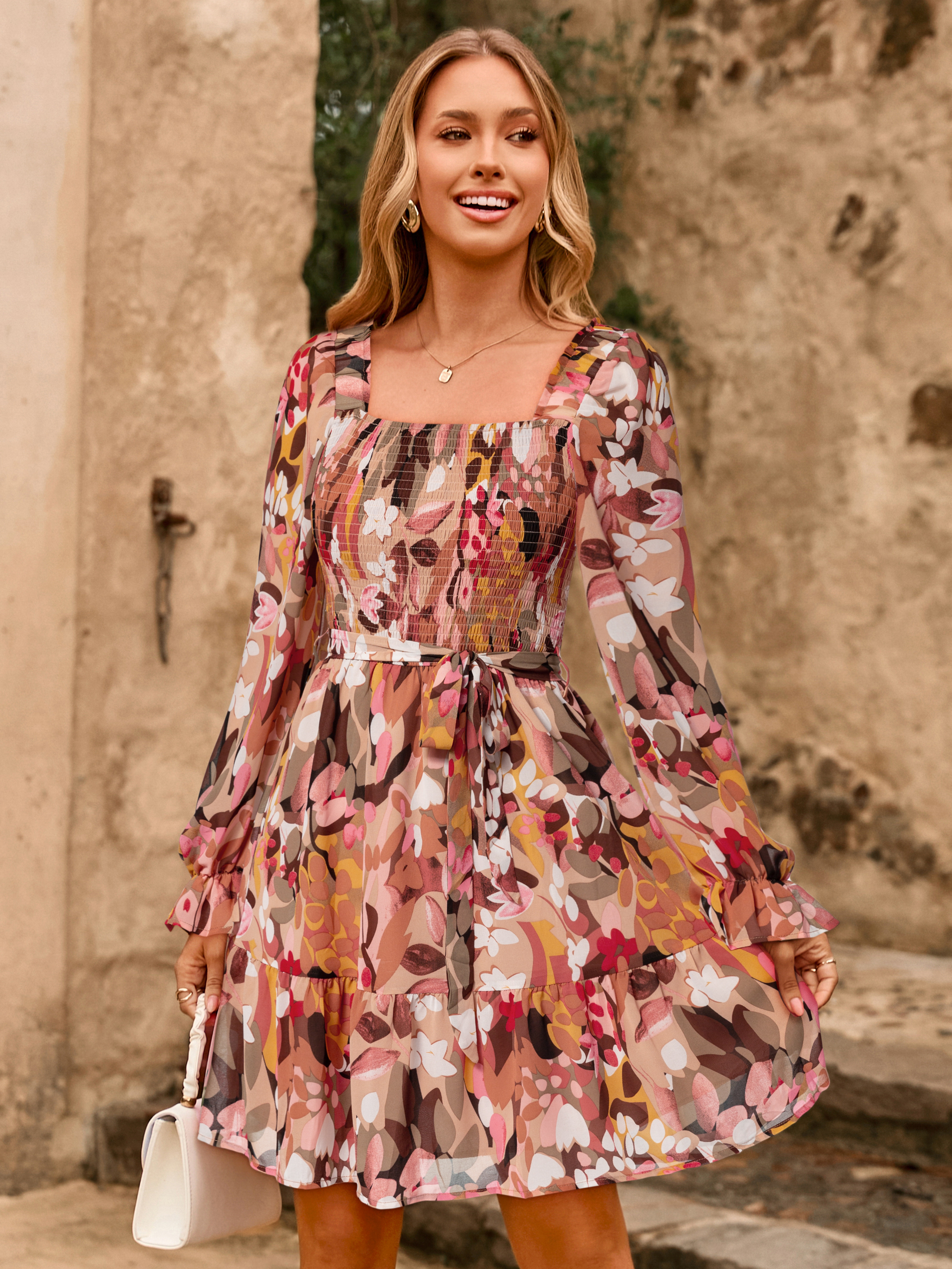 Boho Floral Chiffon Smocked Mini Dress - Flower Orange Floral