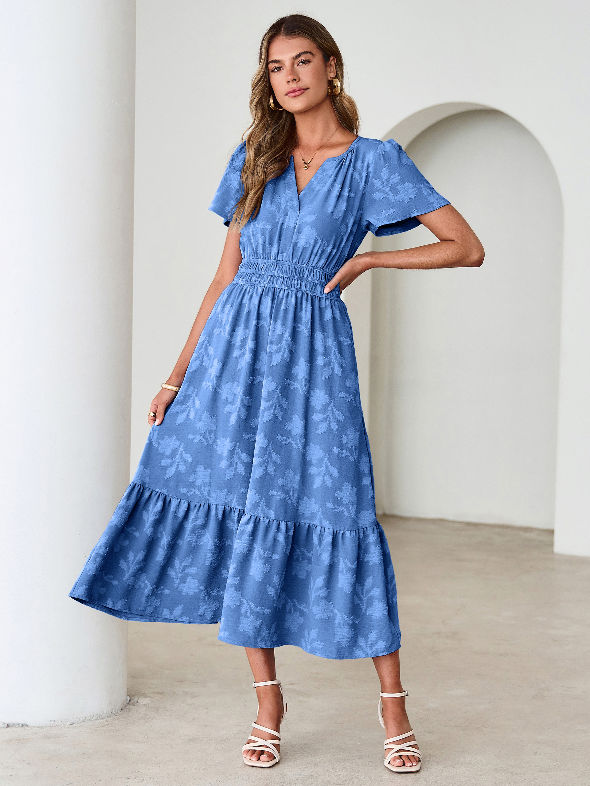 V Neck Burnout Floral Ruffle Maxi Dress