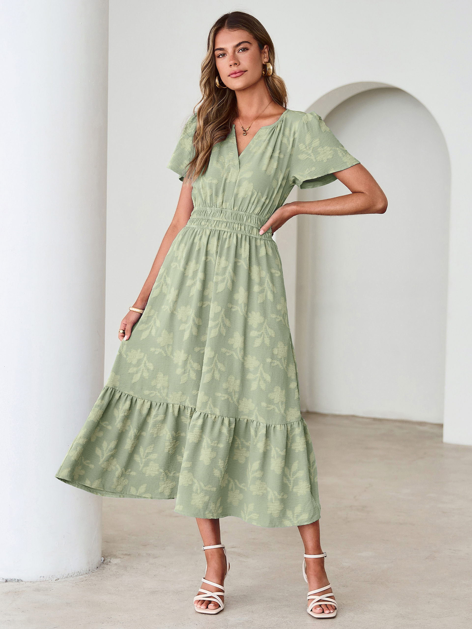 V Neck Burnout Floral Ruffle Maxi Dress - Sage Green