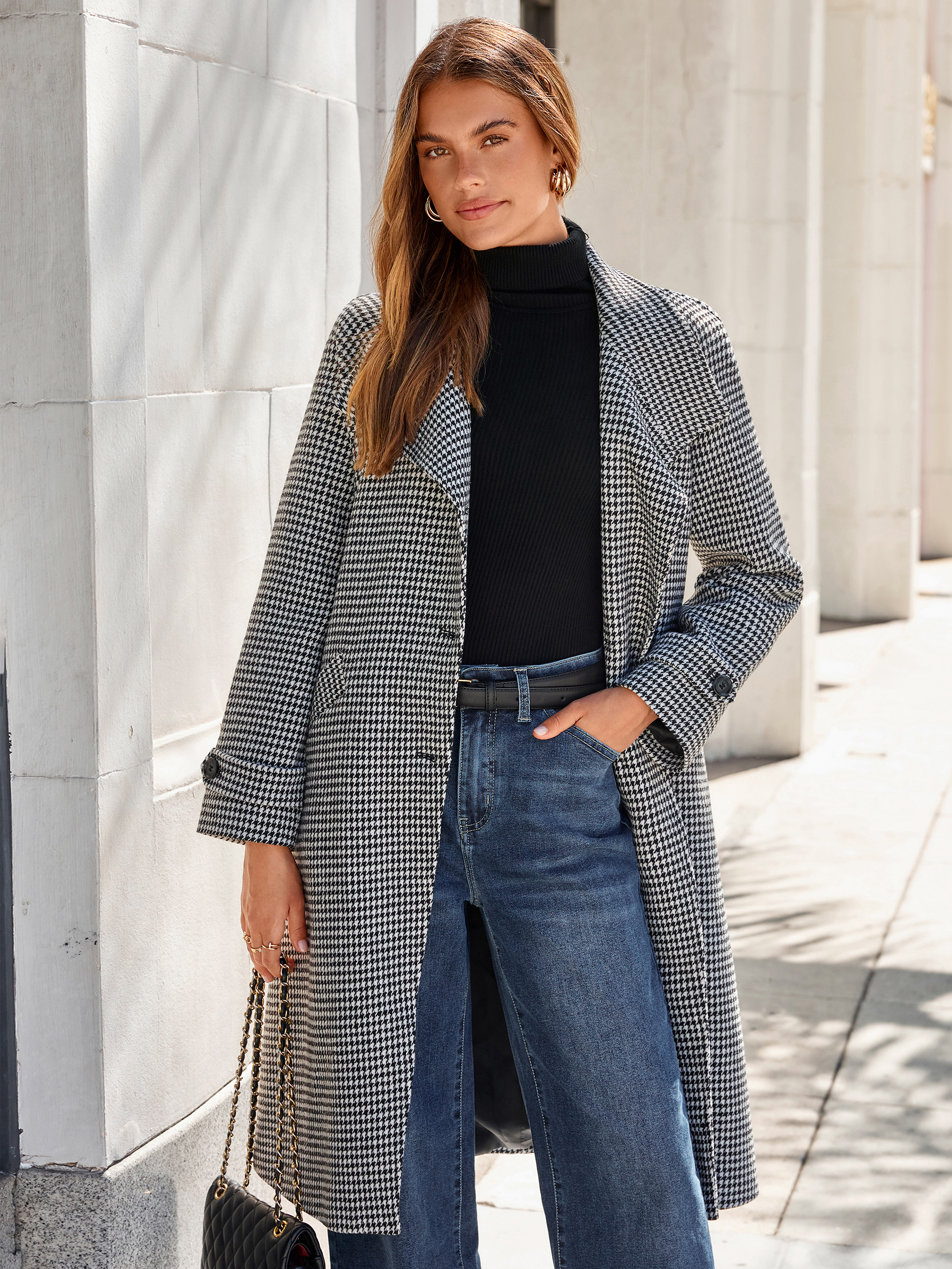 Houndstooth Belted Tweed Long Coat