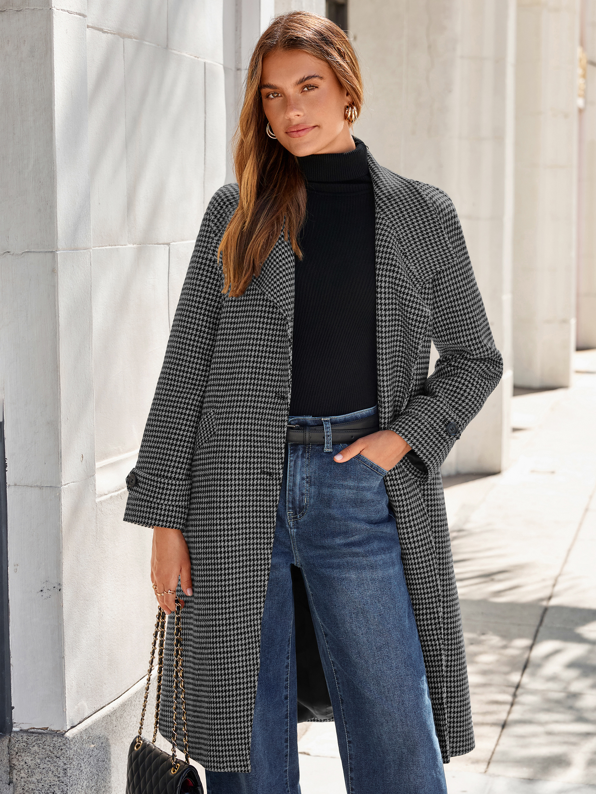 Houndstooth Belted Tweed Long Coat