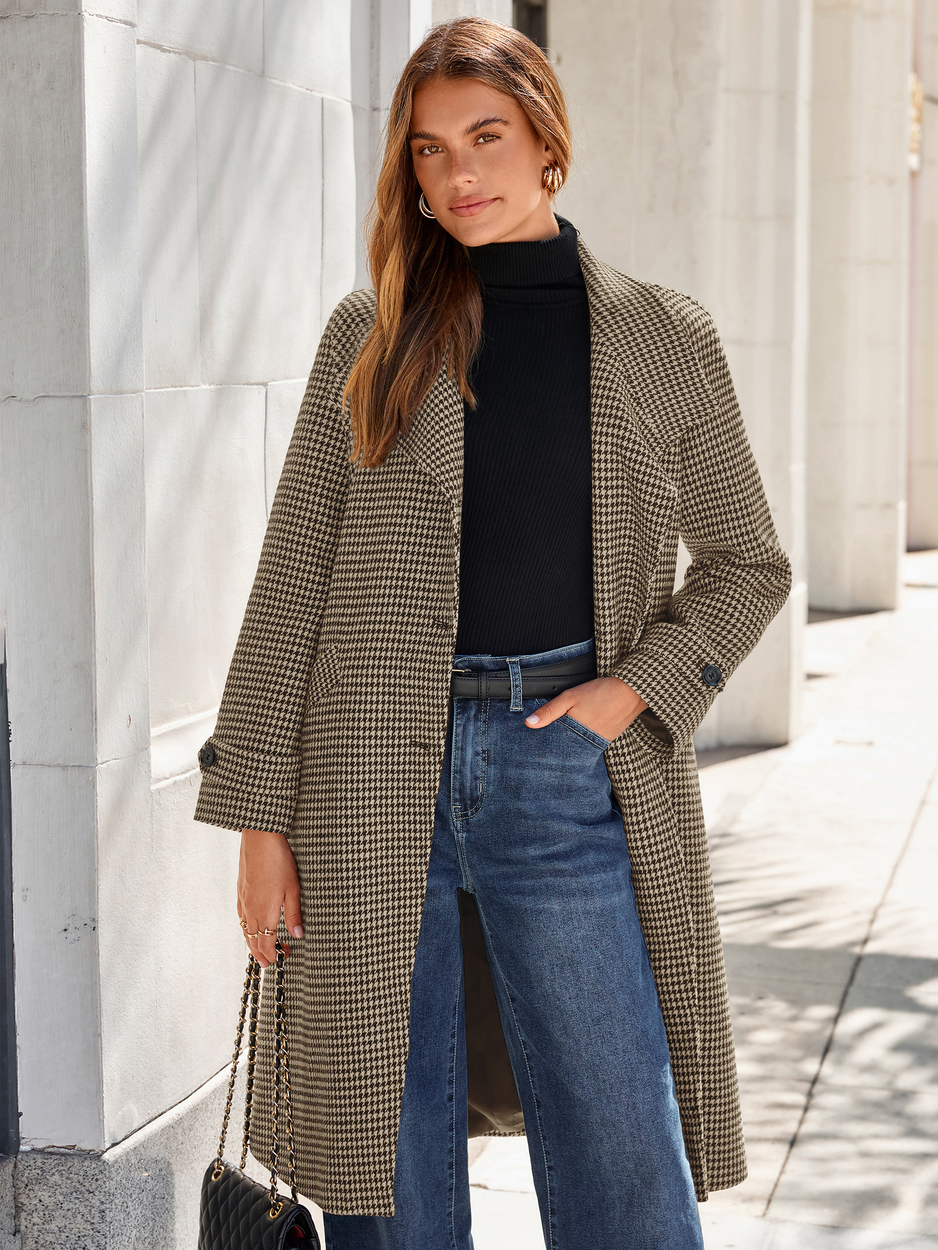 Houndstooth Belted Tweed Long Coat
