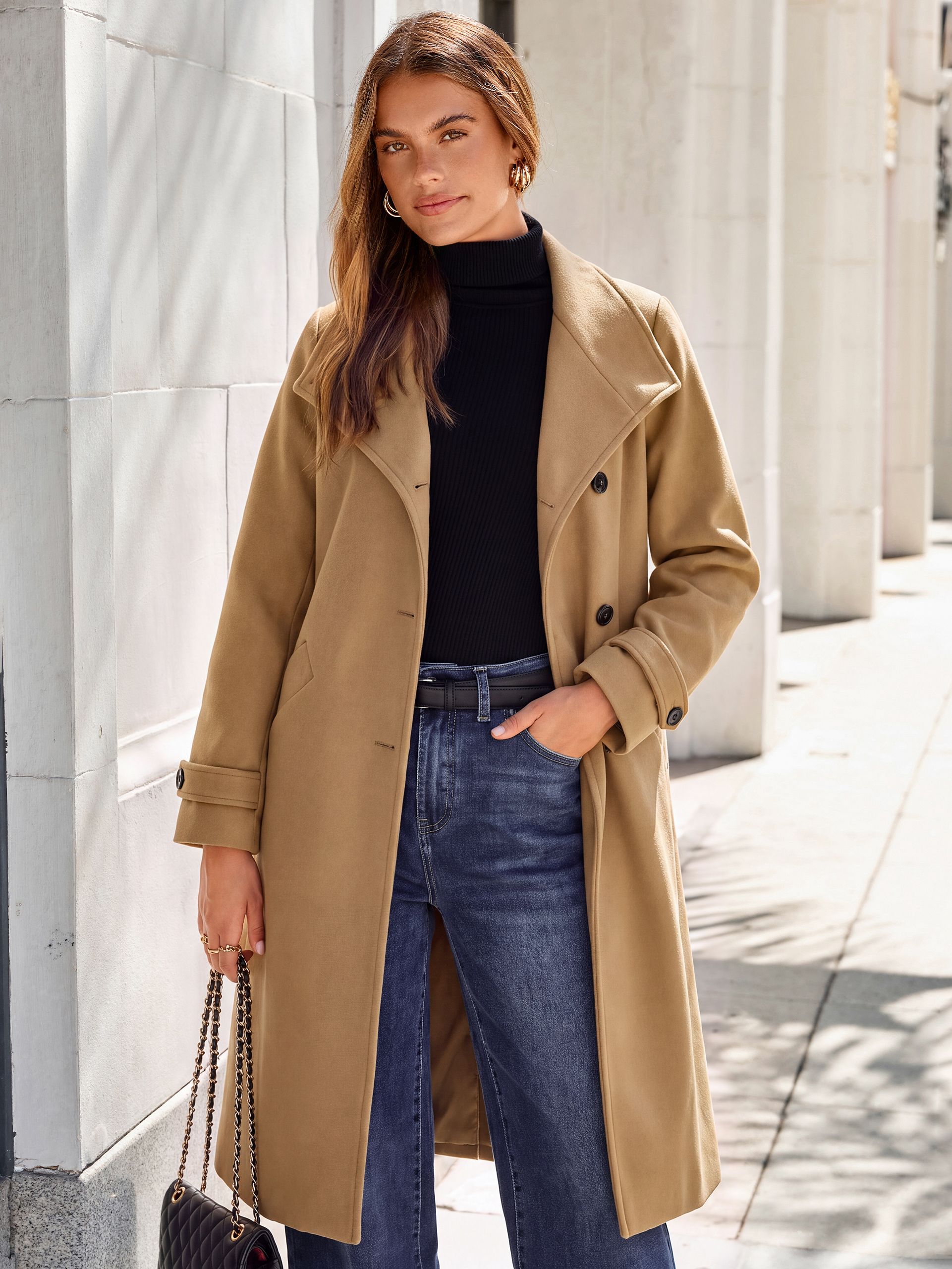 Solid Single Breasted Belted Tweed Long Peacoat