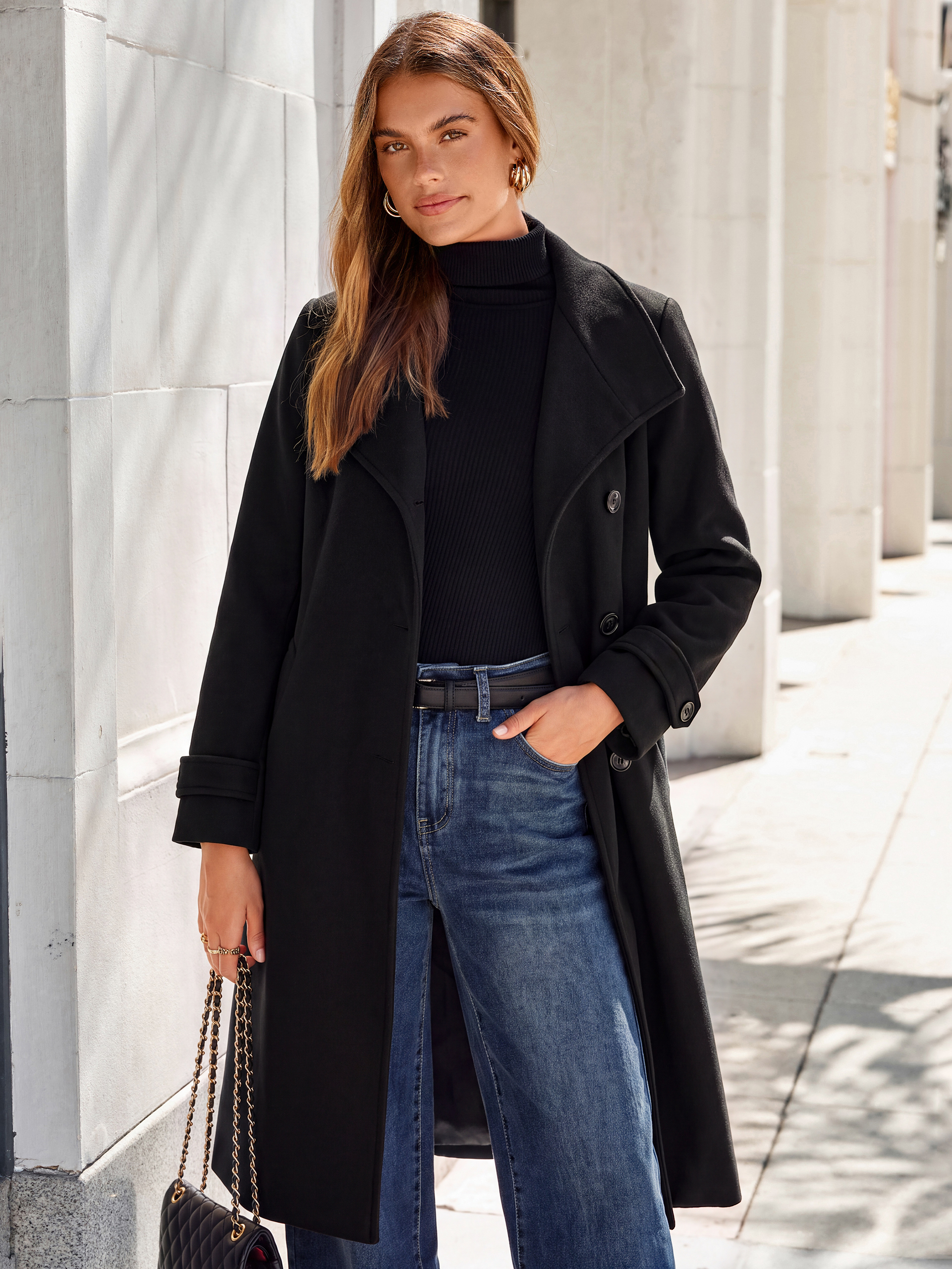 Solid Single Breasted Belted Tweed Long Peacoat
