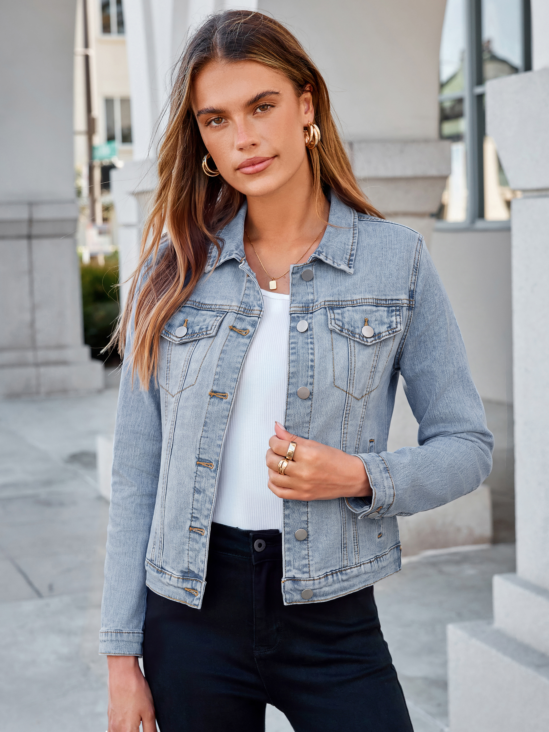 Cropped Button Down Stretch Fitted Denim Jacket - Light Blue