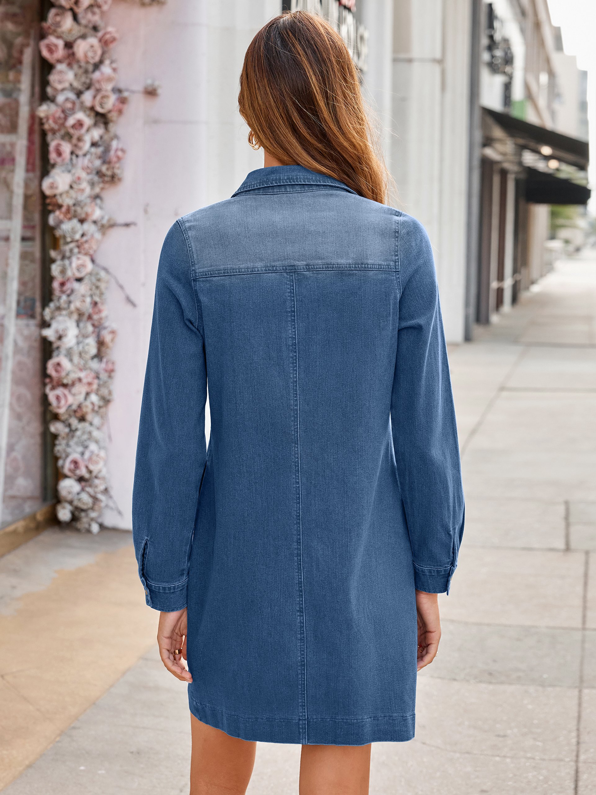 Long Sleeve Pocket Denim Mini Shirt Dress