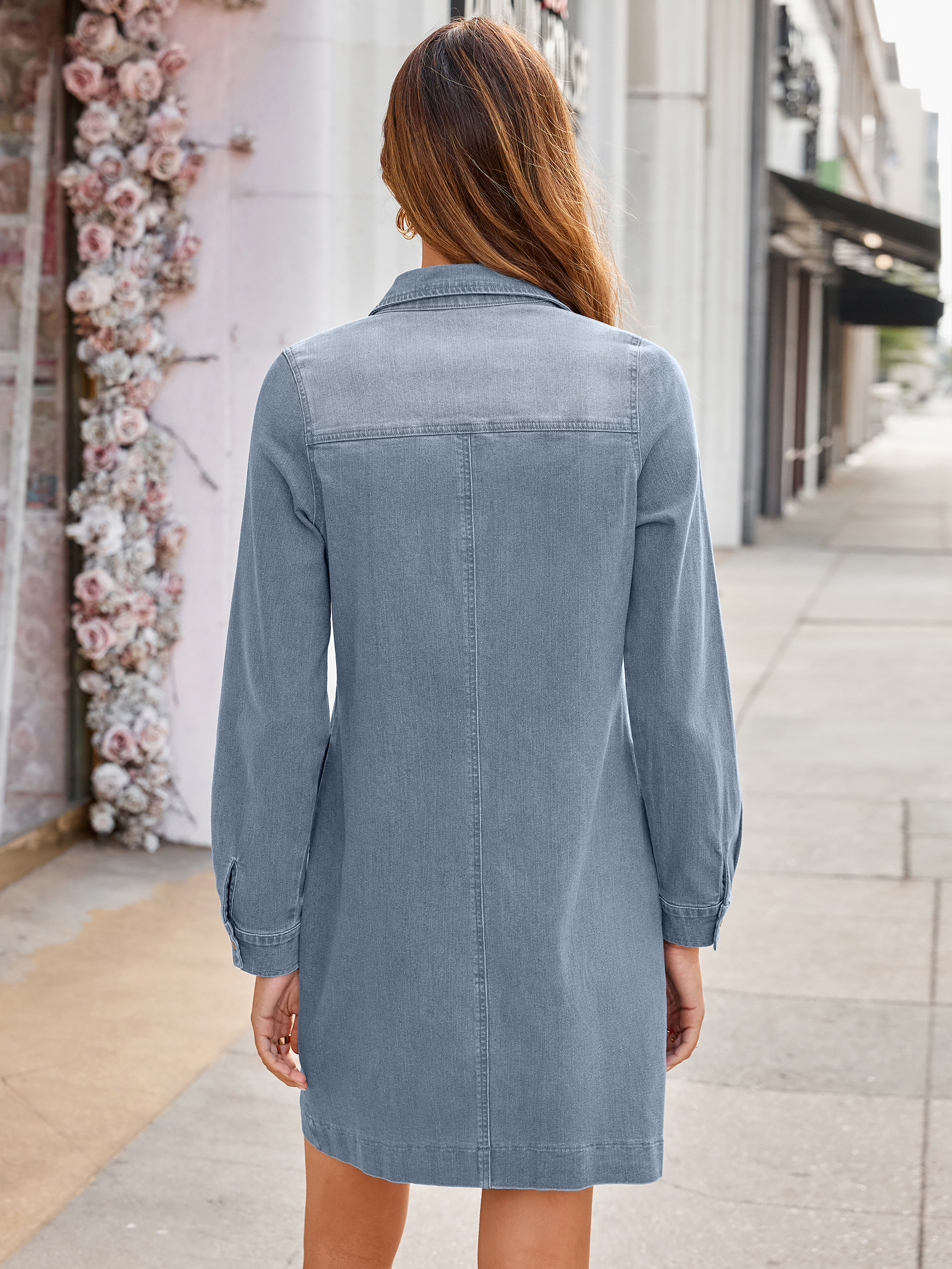 Long Sleeve Pocket Denim Mini Shirt Dress