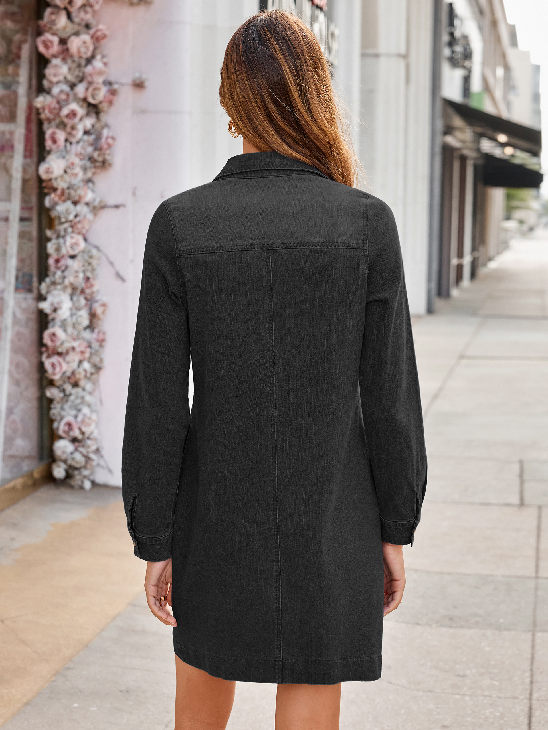 Long Sleeve Pocket Denim Mini Shirt Dress