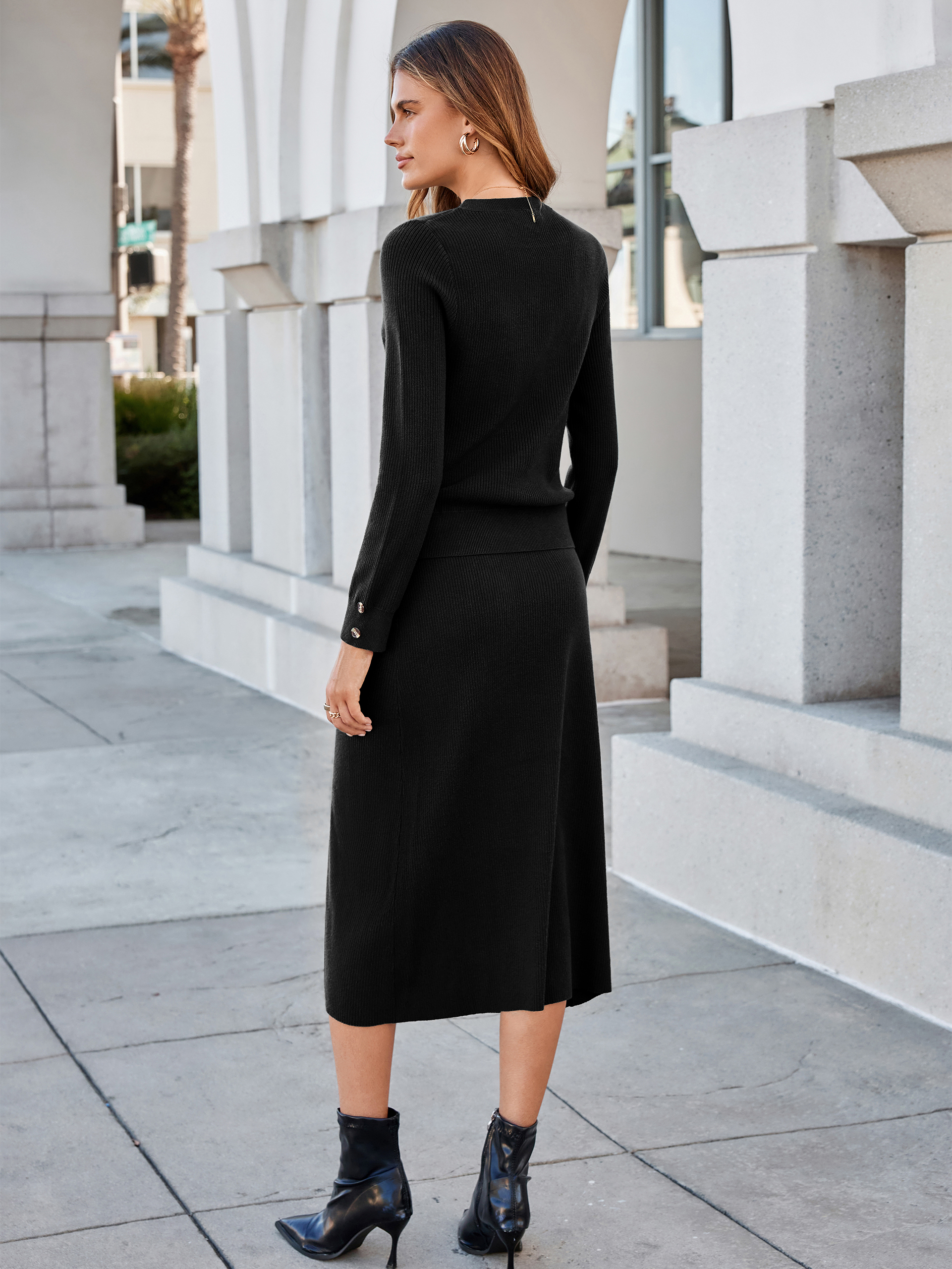 Crewneck Ribbed Knit Long Sleeve Midi Skirt Set