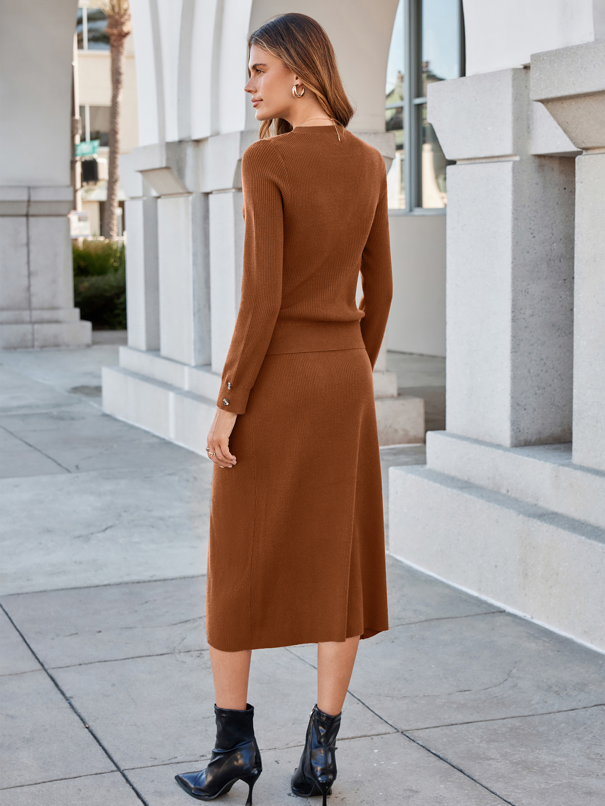 Crewneck Ribbed Knit Long Sleeve Midi Skirt Set