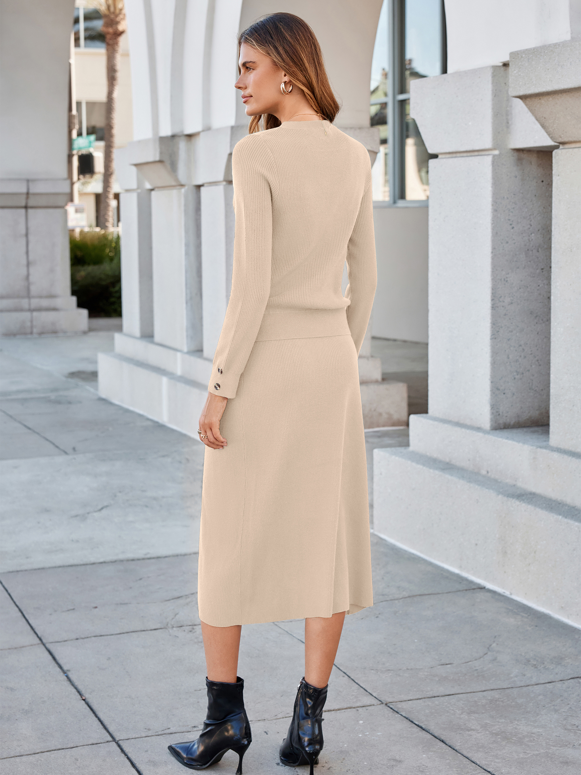 Crewneck Ribbed Knit Long Sleeve Midi Skirt Set