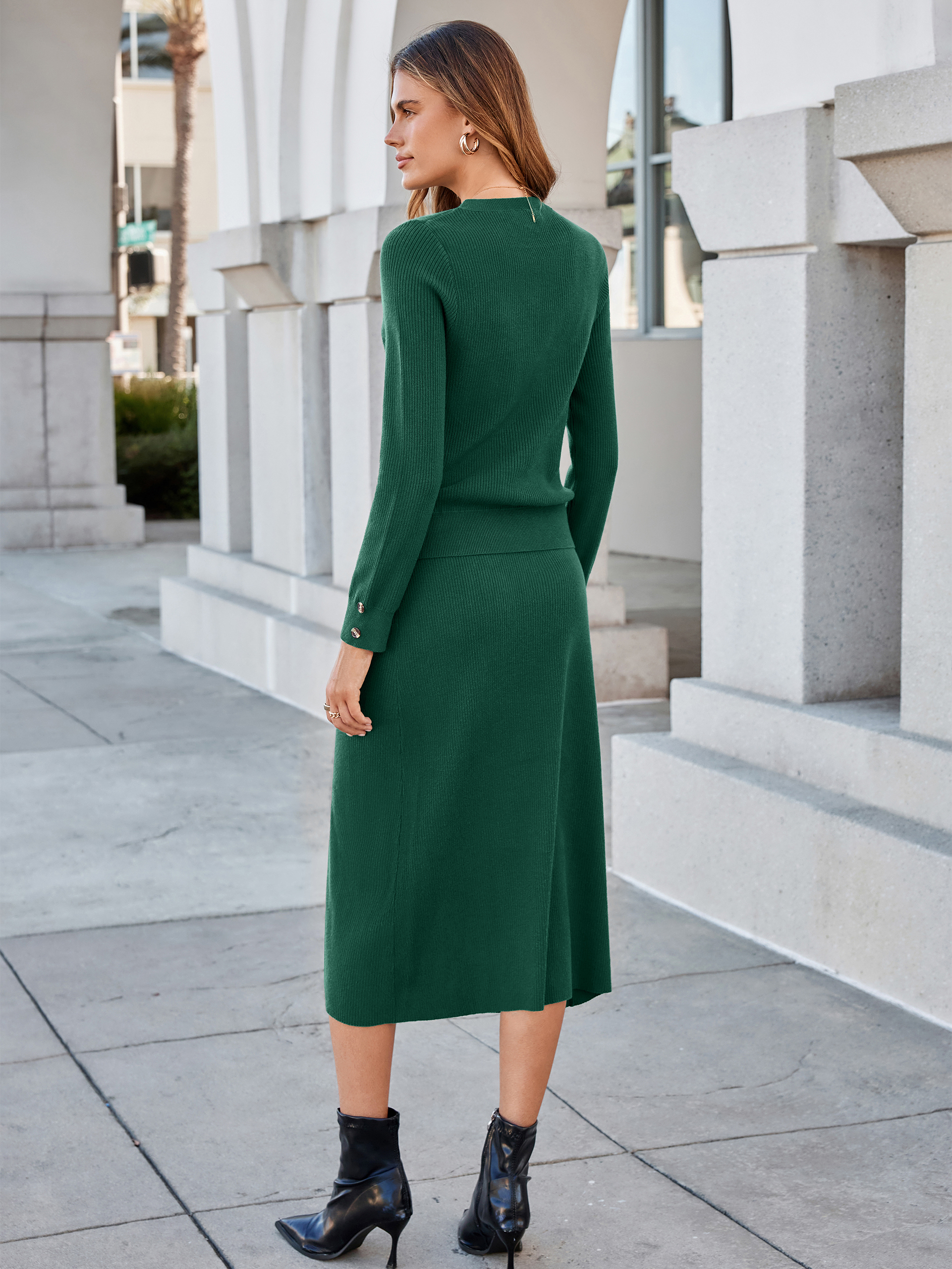 Crewneck Ribbed Knit Long Sleeve Midi Skirt Set