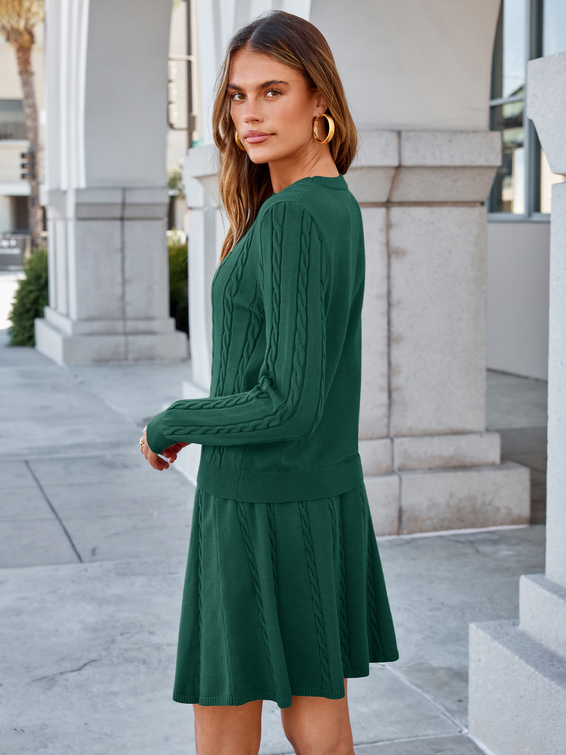 Cable Knit Long Sleeve Sweater Pleated Mini Skirt Set