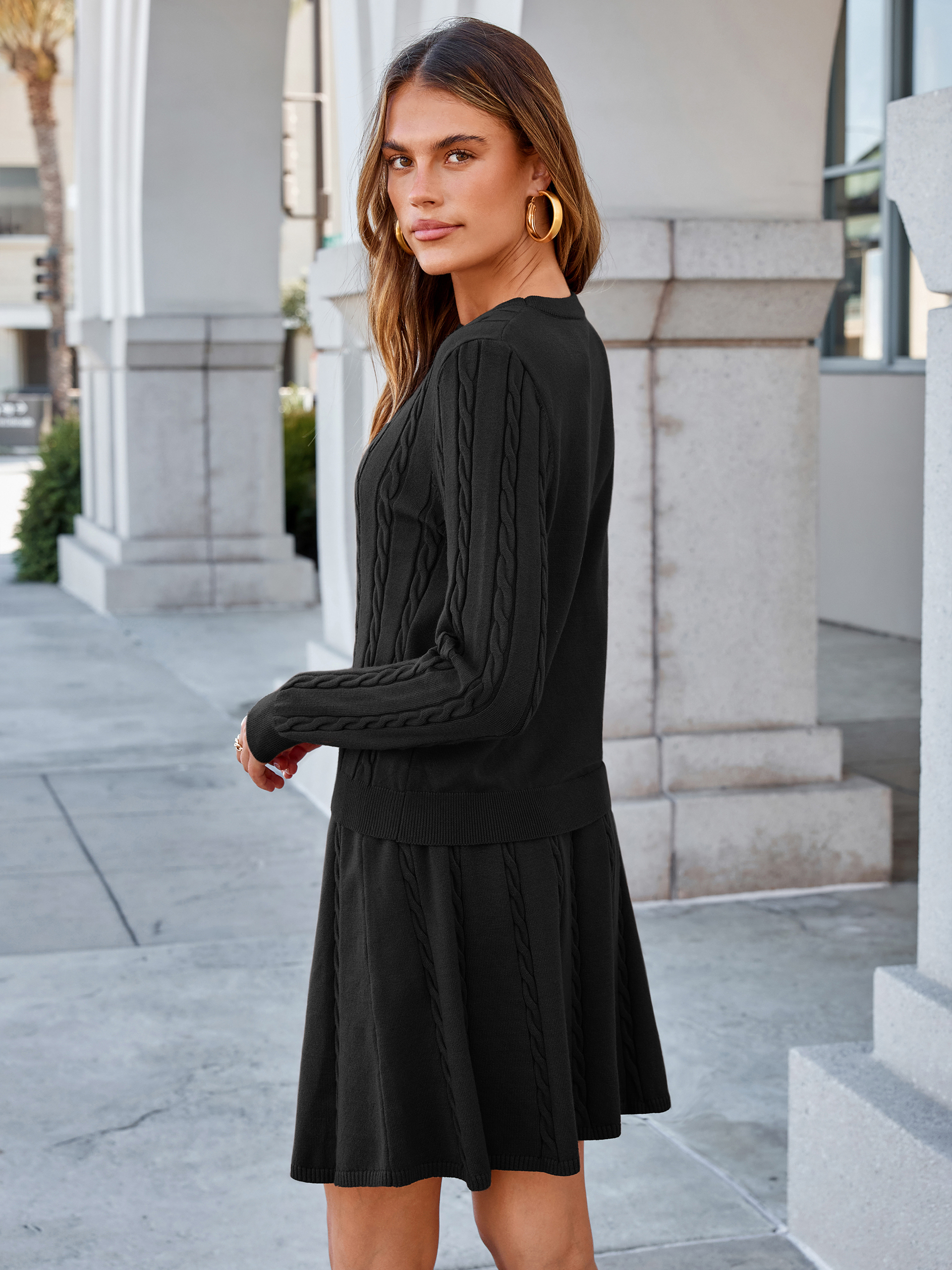 Cable Knit Long Sleeve Sweater Pleated Mini Skirt Set