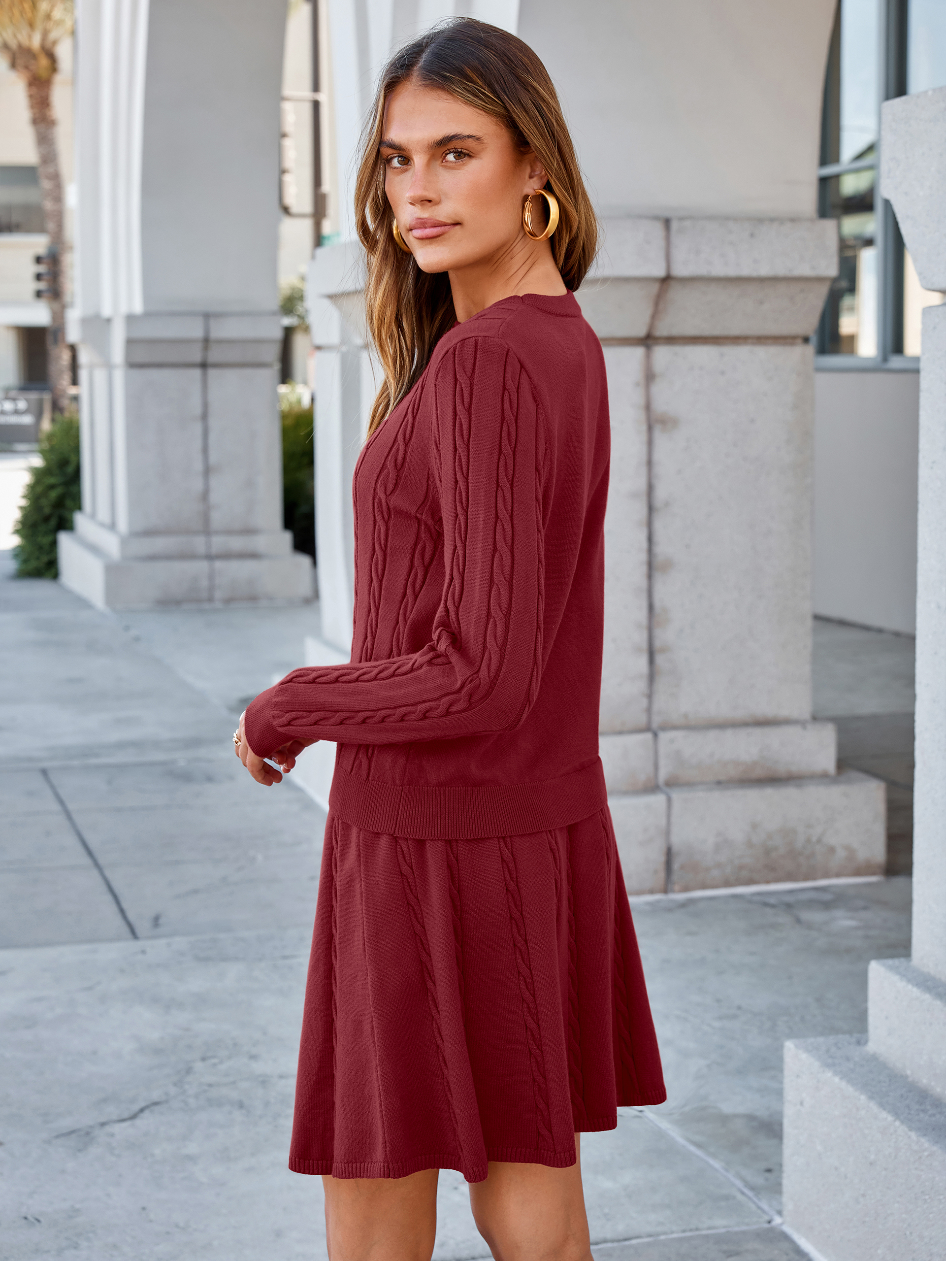 Cable Knit Long Sleeve Sweater Pleated Mini Skirt Set
