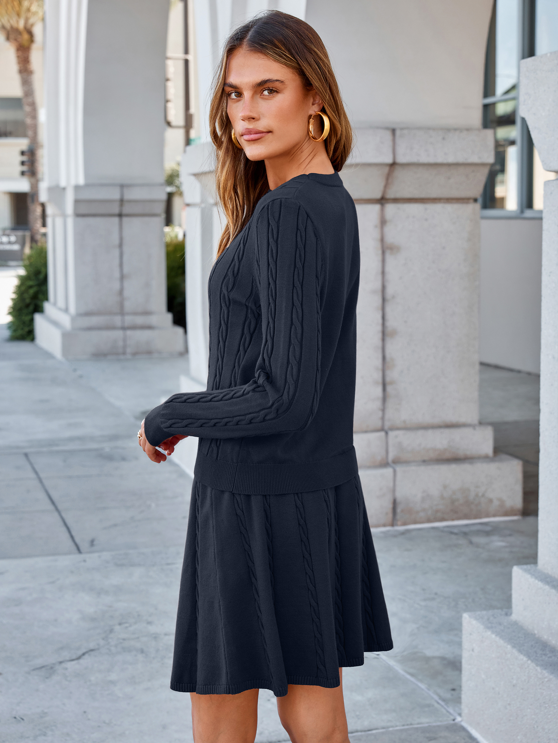 Cable Knit Long Sleeve Sweater Pleated Mini Skirt Set