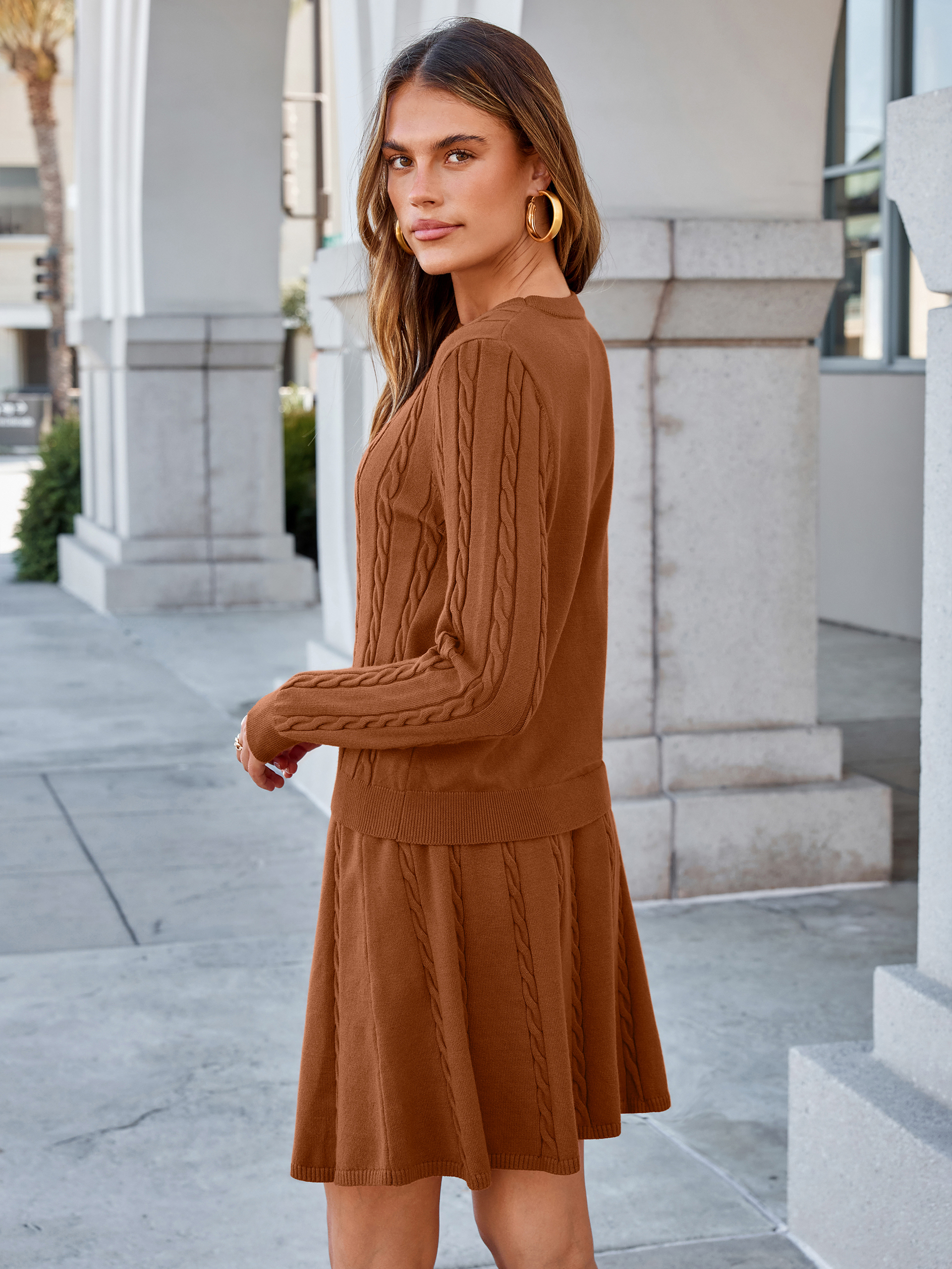 Cable Knit Long Sleeve Sweater Pleated Mini Skirt Set
