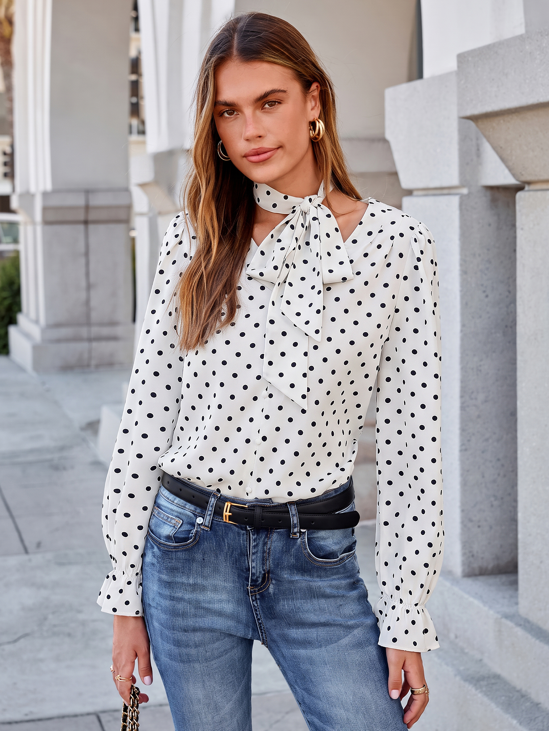 Polka Dot Tie-Neck Long Sleeve Satin Blouse
