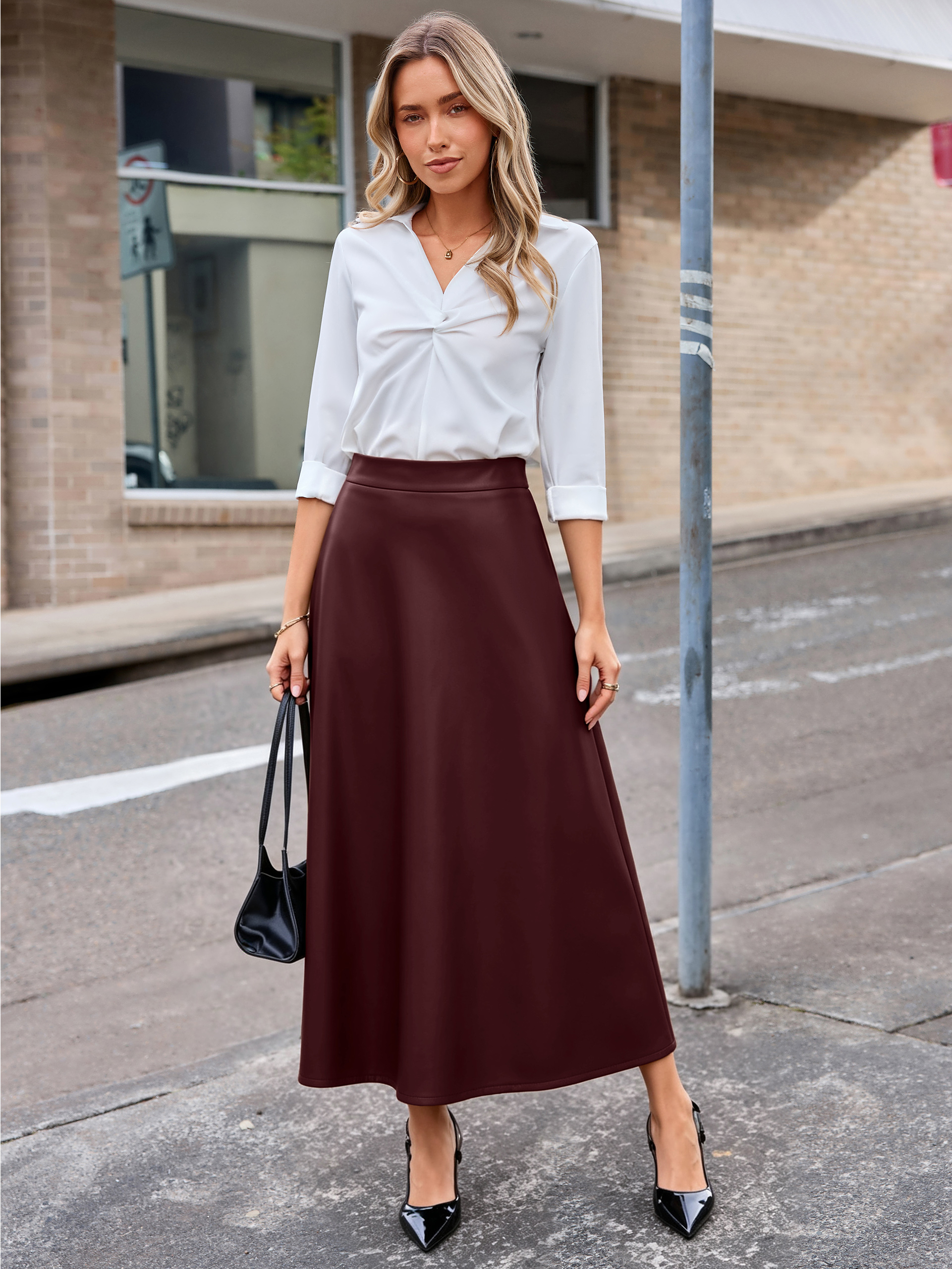 Faux Leather High Waisted A Line Midi Skirt - Wine Brown