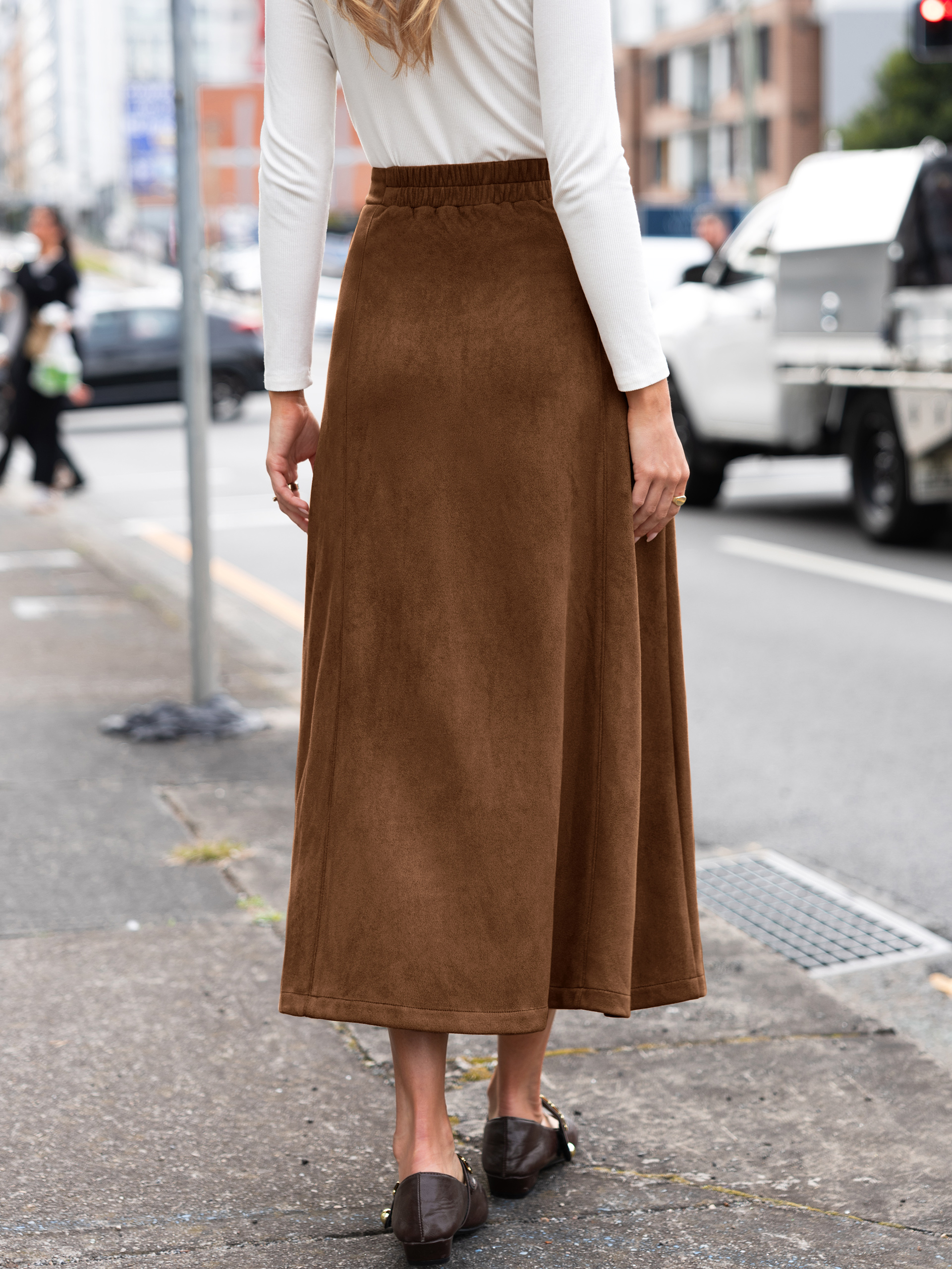 Faux Suede High Waisted Flare Midi Skirt