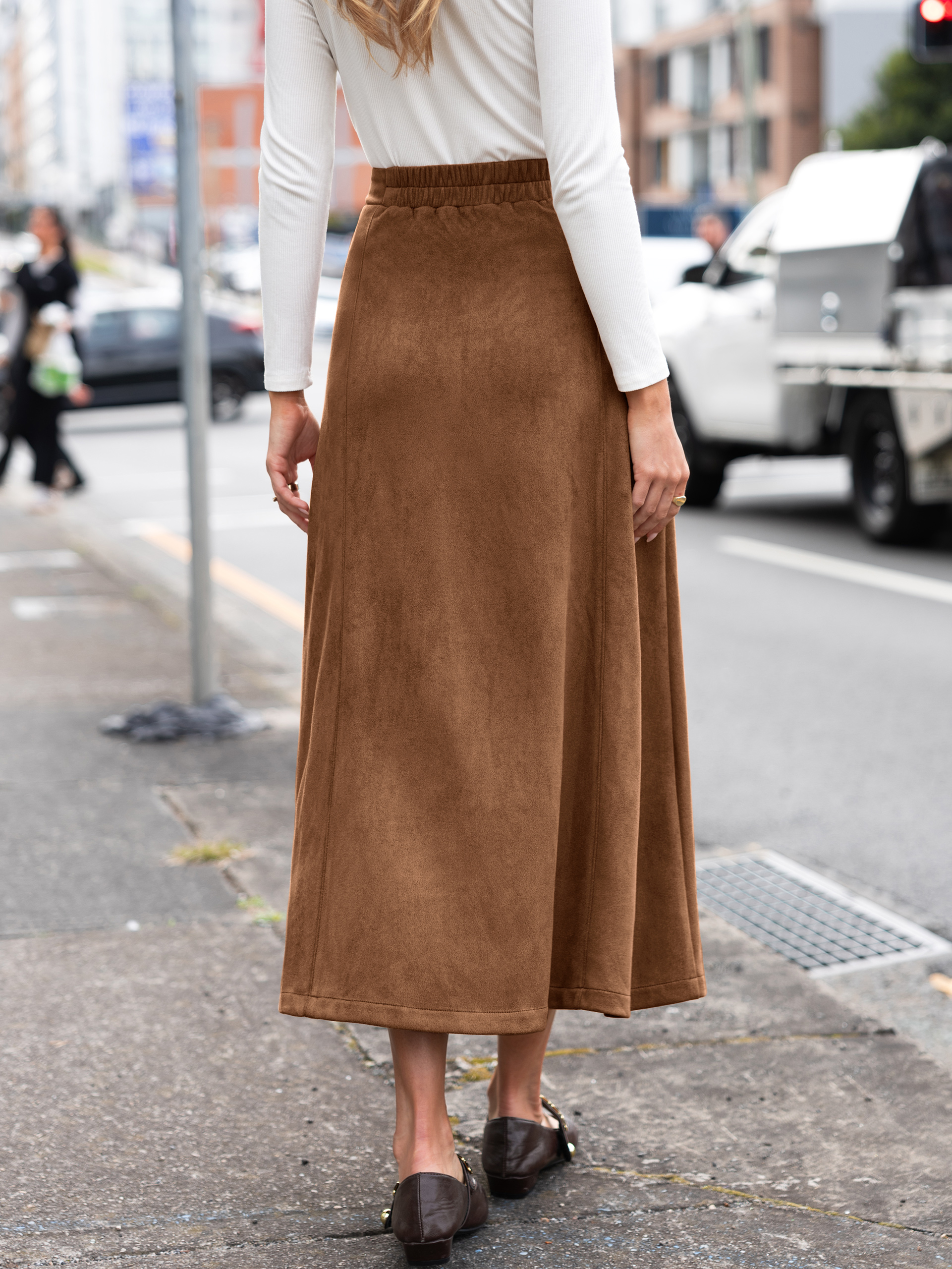 Faux Suede High Waisted Flare Midi Skirt