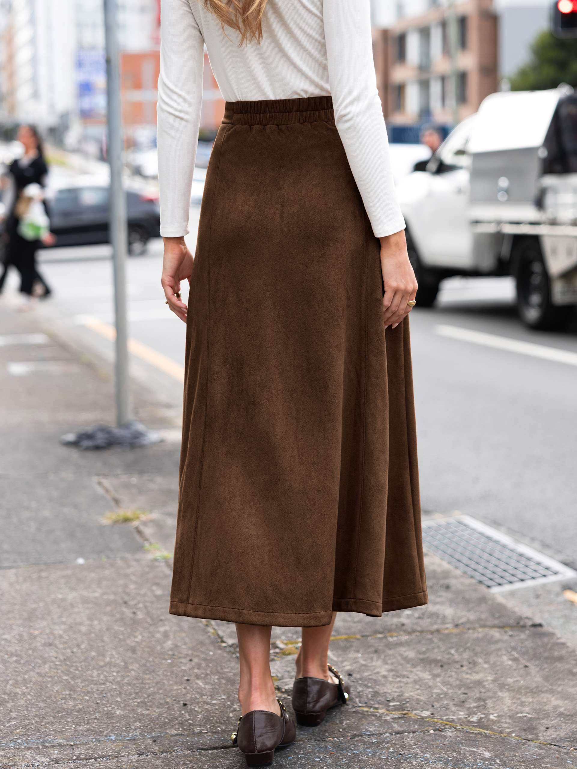 Faux Suede High Waisted Flare Midi Skirt