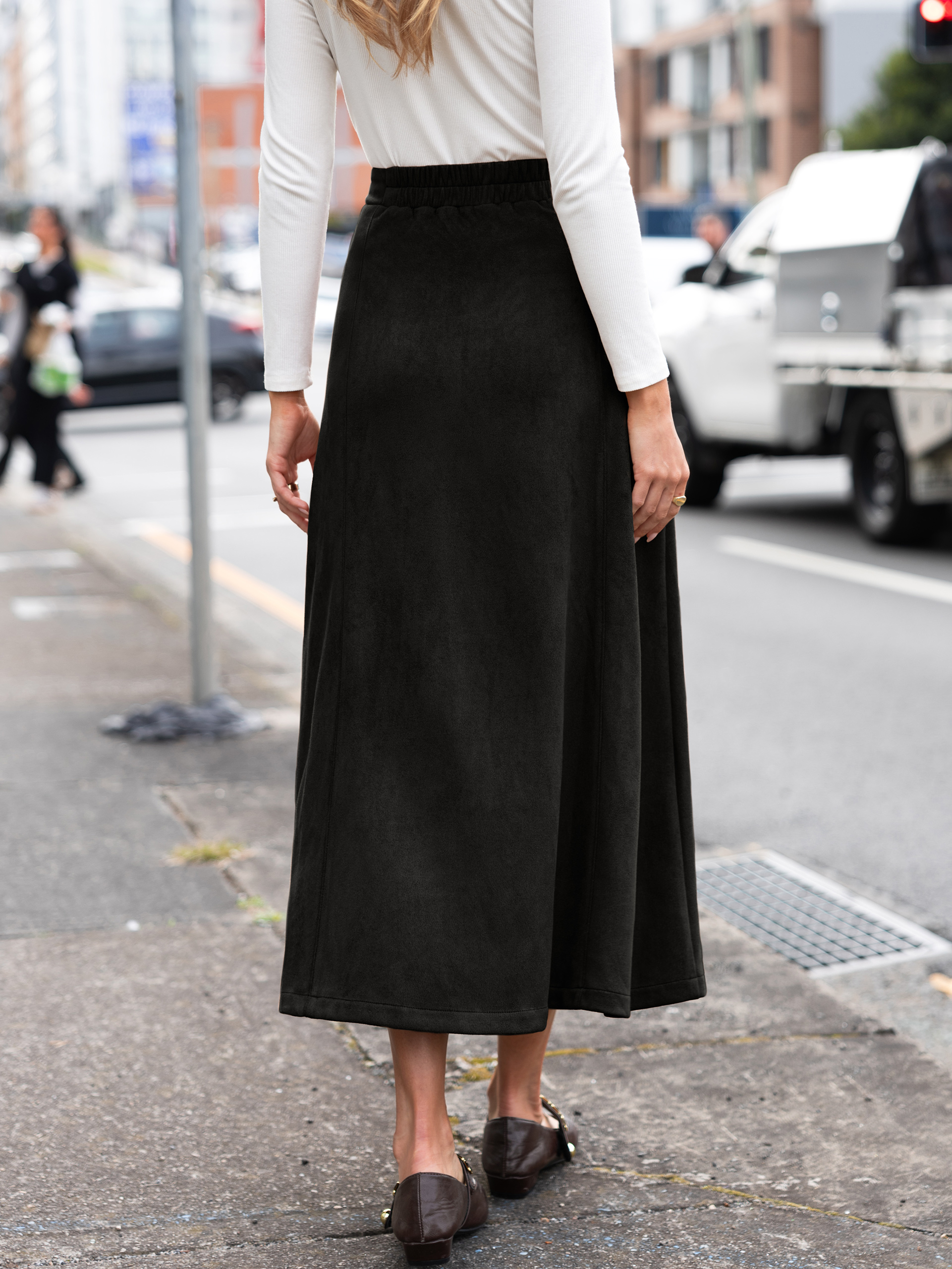 Faux Suede High Waisted Flare Midi Skirt