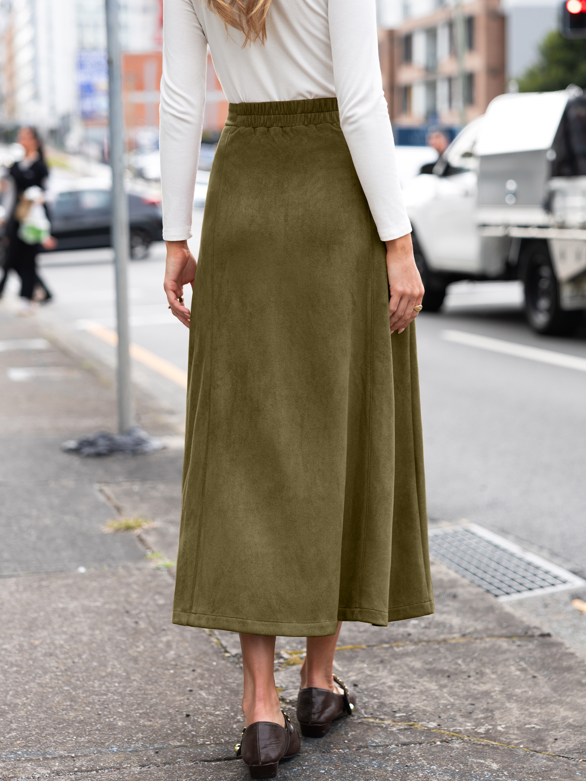 Faux Suede High Waisted Flare Midi Skirt