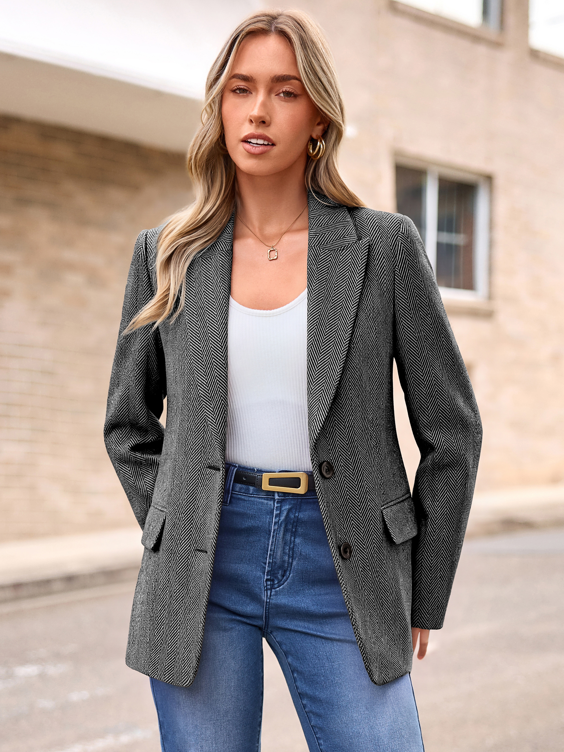 Notched Lapel Two-Button Wool-Like Blazer