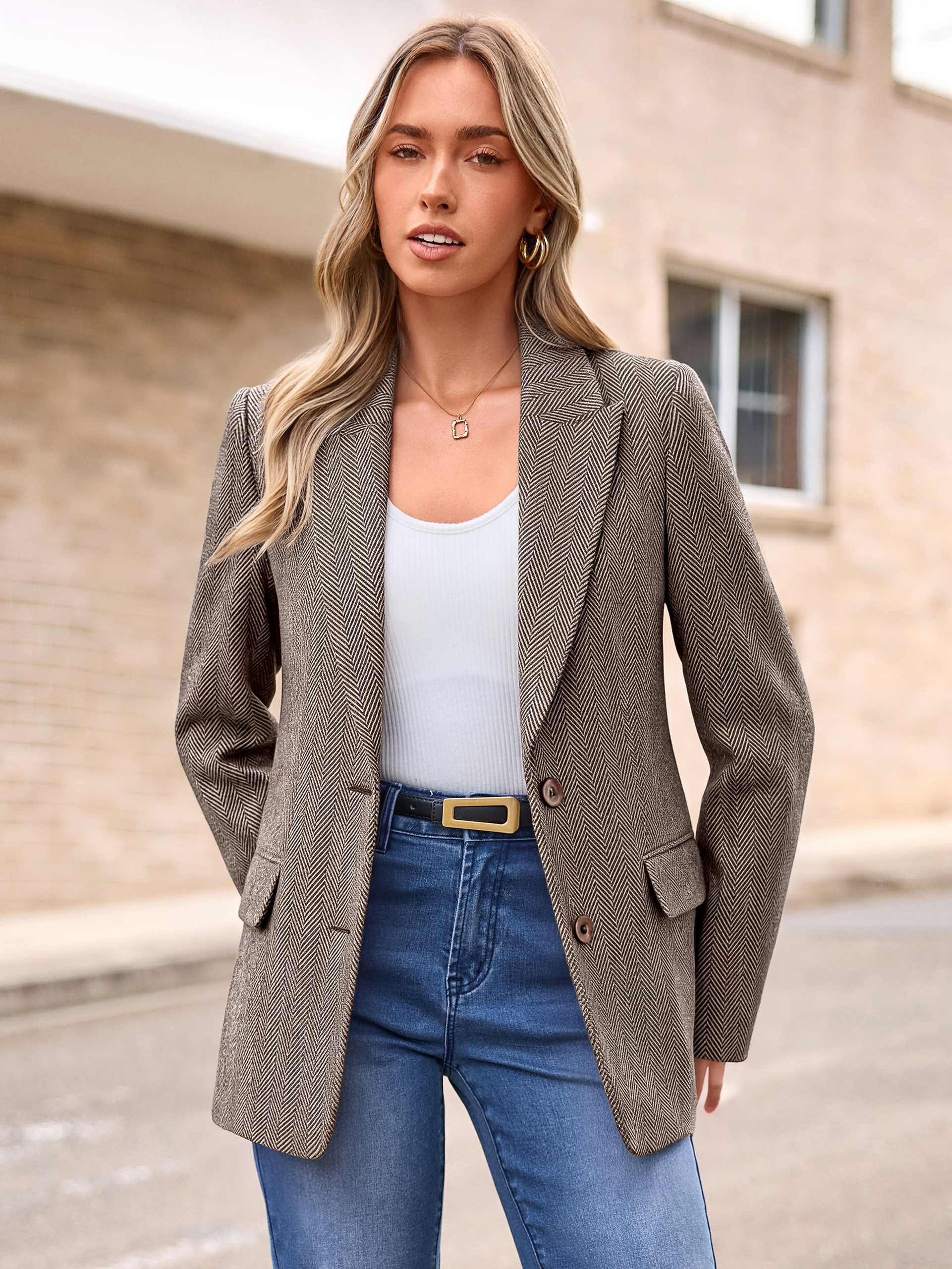 Notched Lapel Two-Button Wool-Like Blazer