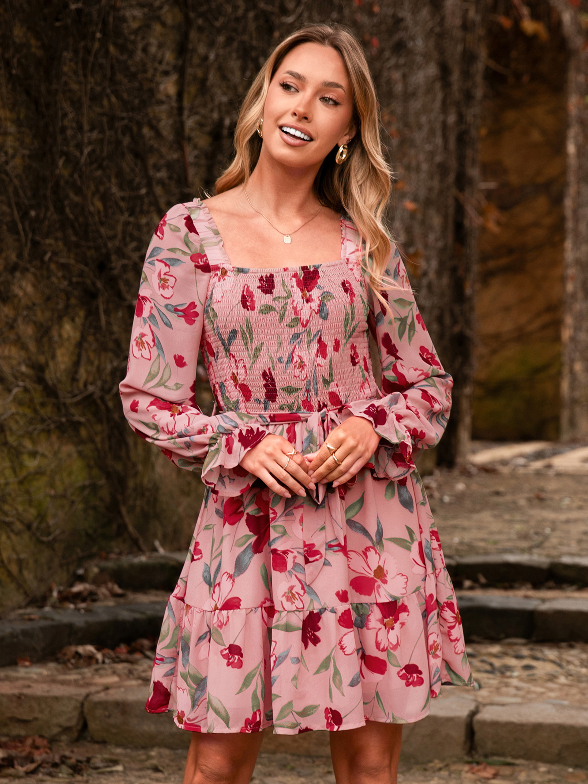 Boho Floral Chiffon Smocked Mini Dress