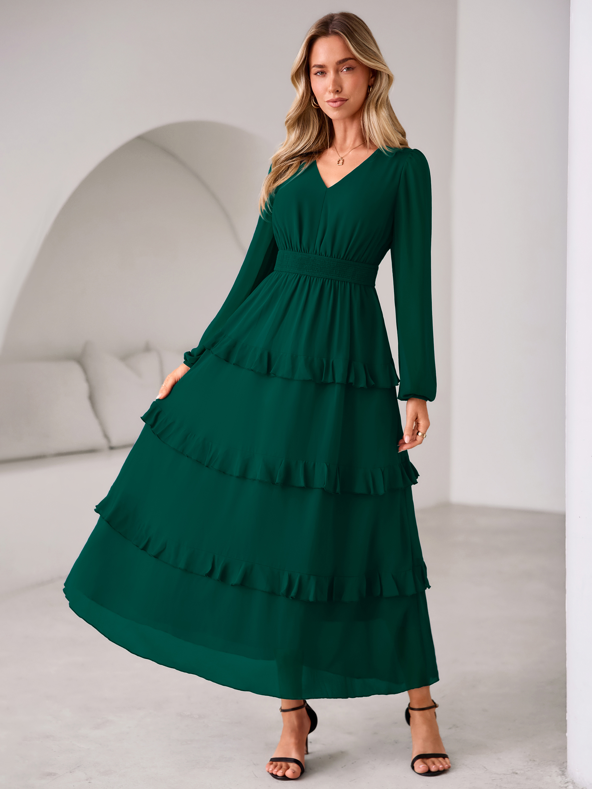 V-Neck Smocked Waist Tiered Ruffle Chiffon Maxi Dress