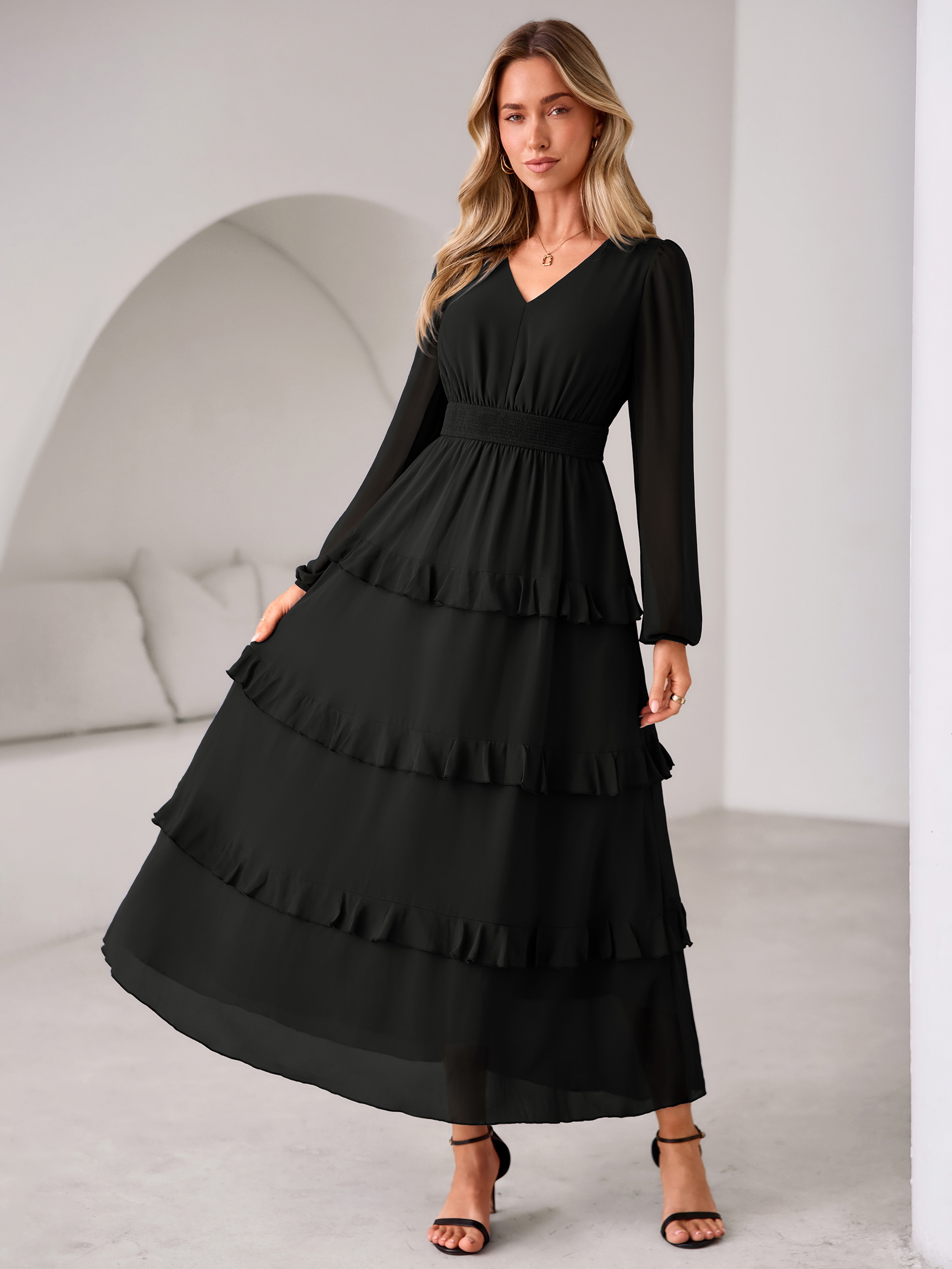 V-Neck Smocked Waist Tiered Ruffle Chiffon Maxi Dress