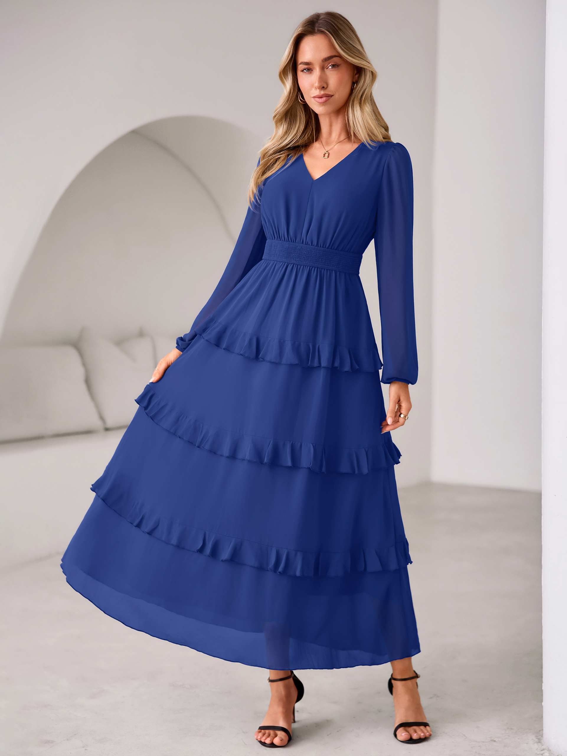 V-Neck Smocked Waist Tiered Ruffle Chiffon Maxi Dress