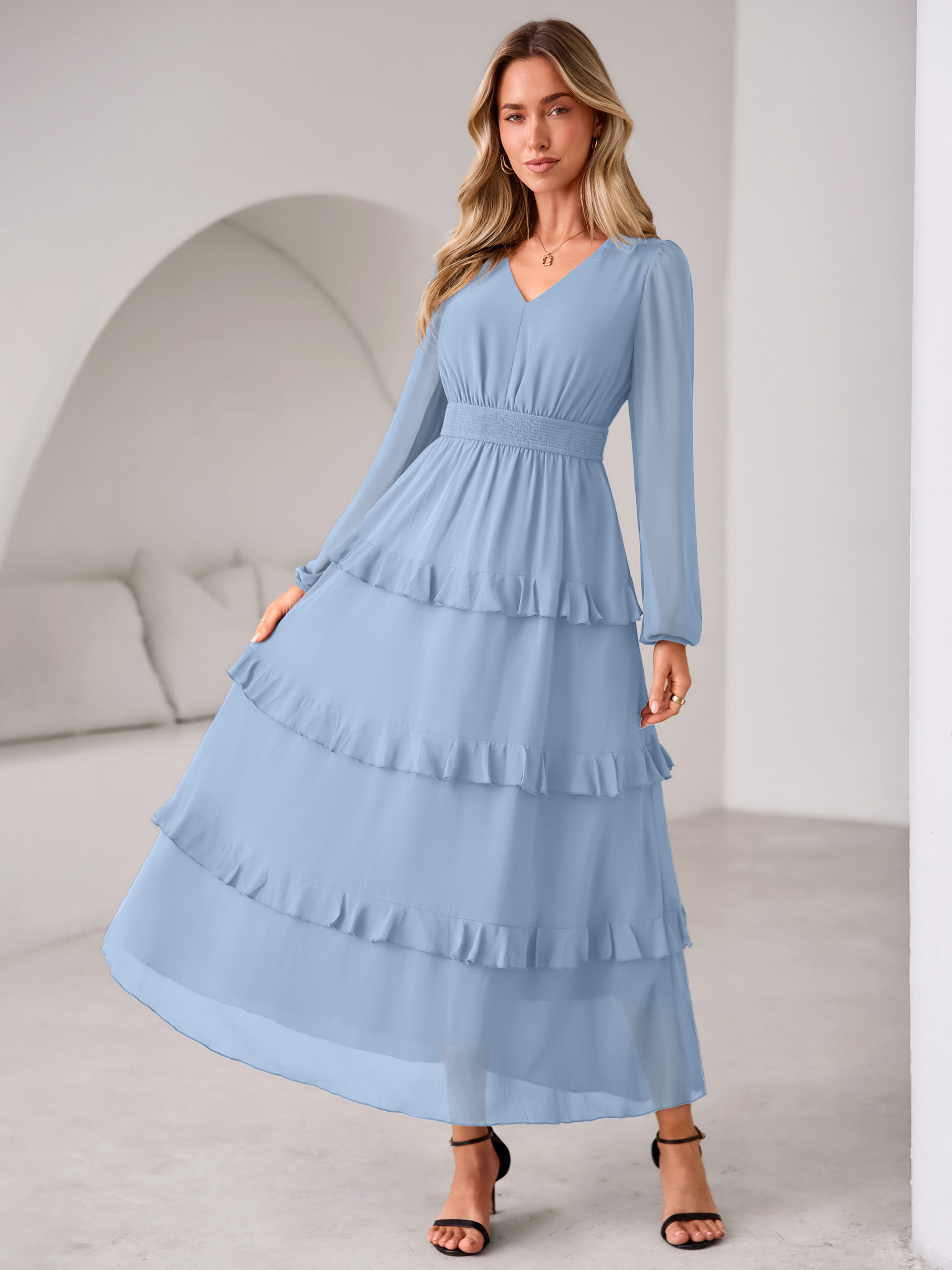 V-Neck Smocked Waist Tiered Ruffle Chiffon Maxi Dress