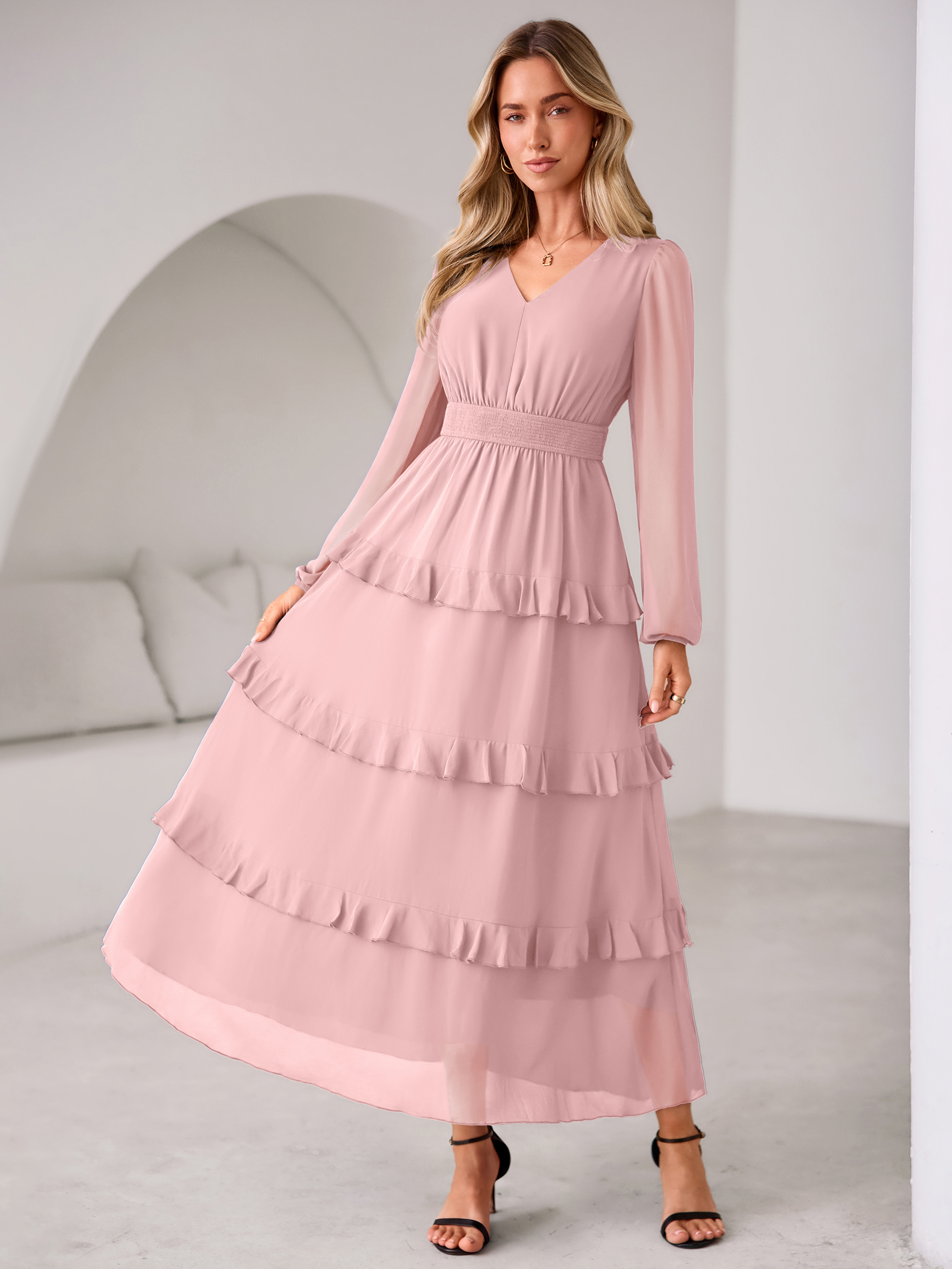 V-Neck Smocked Waist Tiered Ruffle Chiffon Maxi Dress
