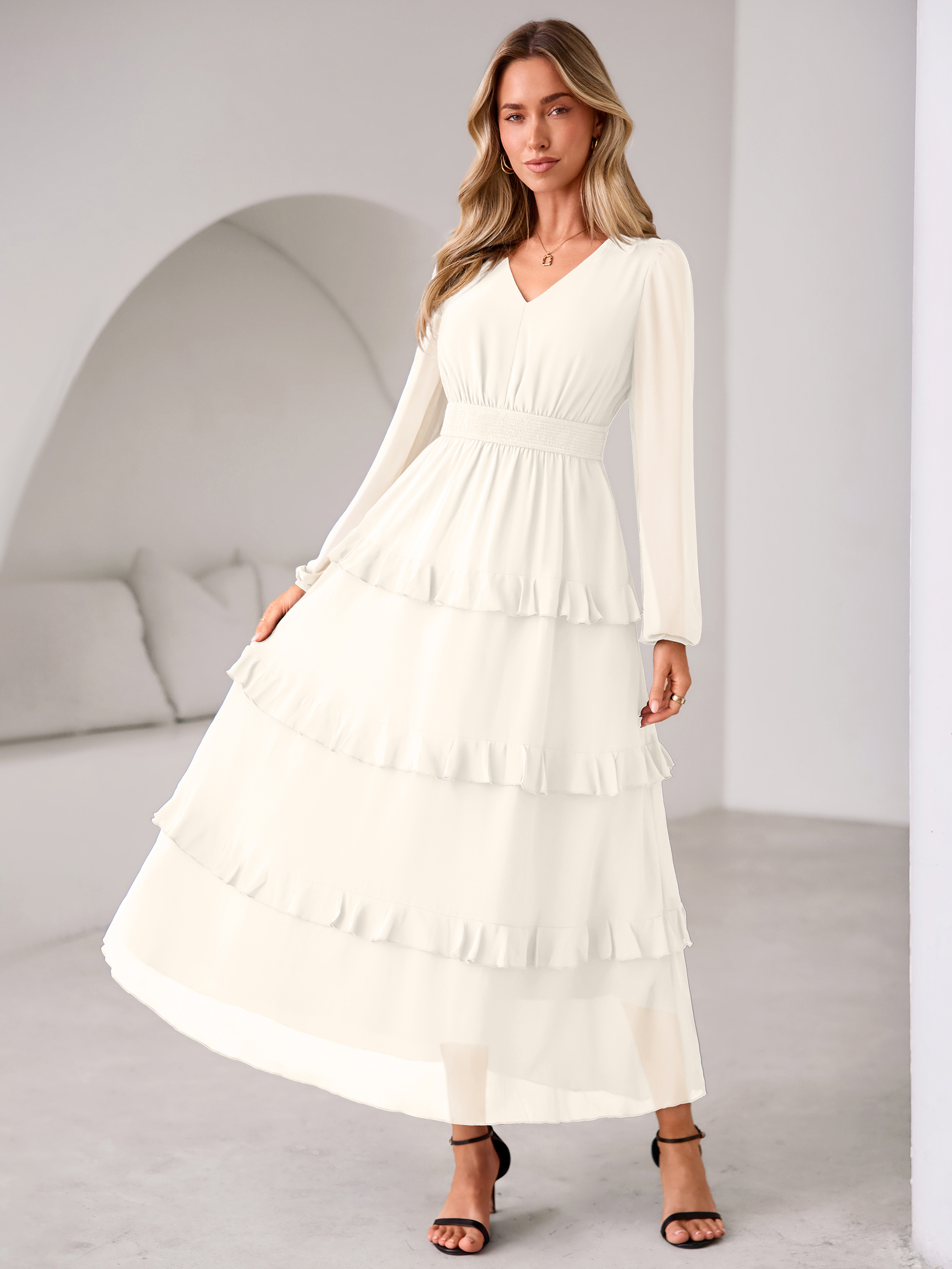V-Neck Smocked Waist Tiered Ruffle Chiffon Maxi Dress