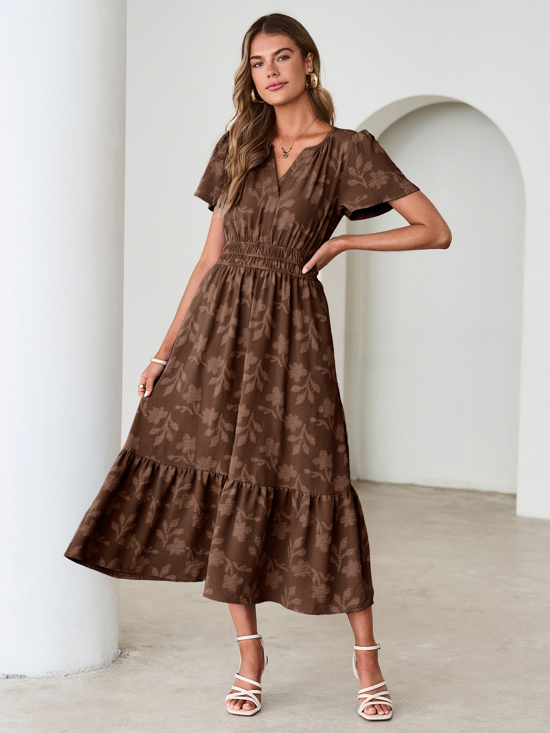 V Neck Burnout Floral Ruffle Maxi Dress - Chocolate Brown