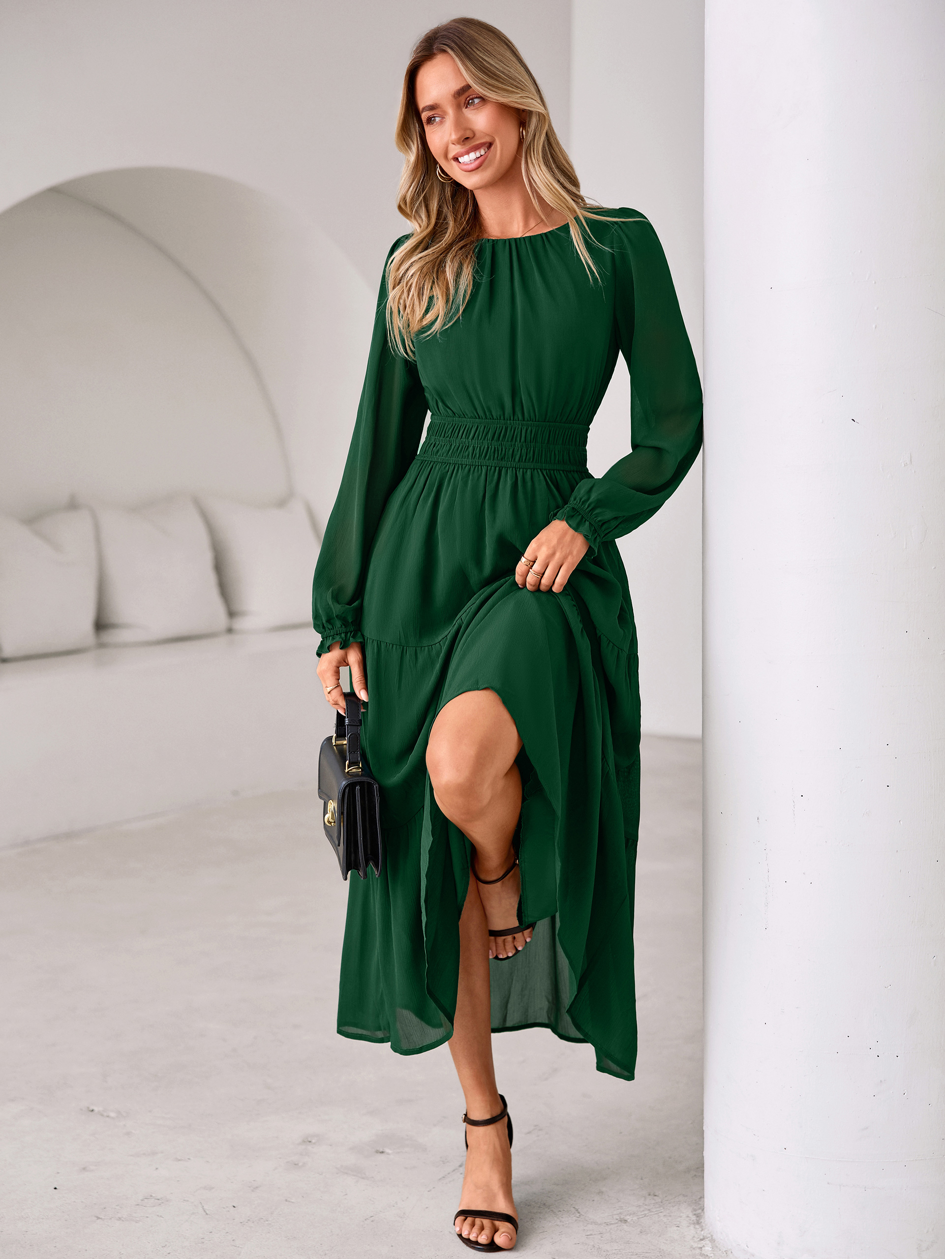 Crewneck Long Sleeve Tiered Chiffon Maxi Dress