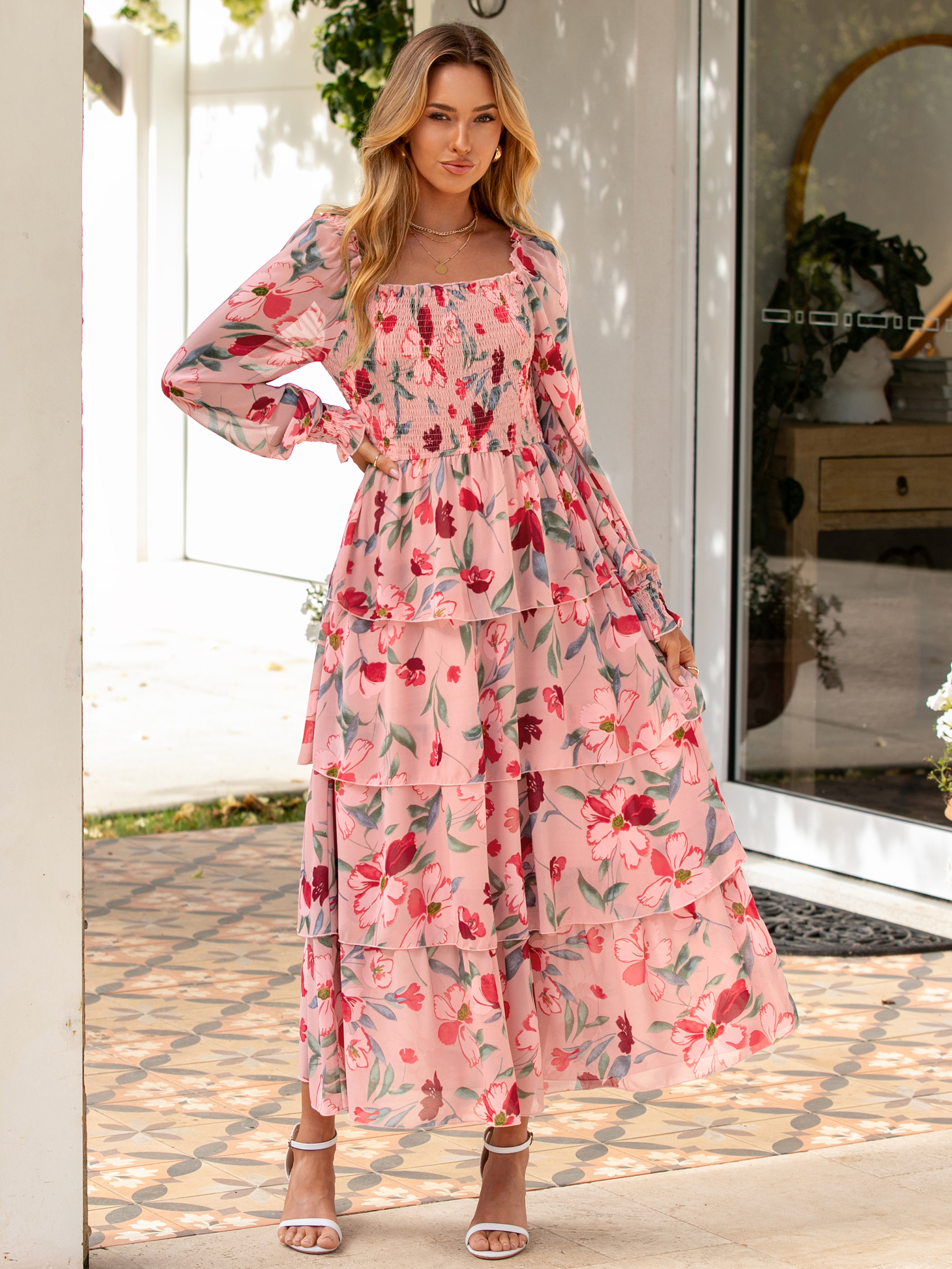 Floral Chiffon Tiered Smocked Wedding Guest Dress